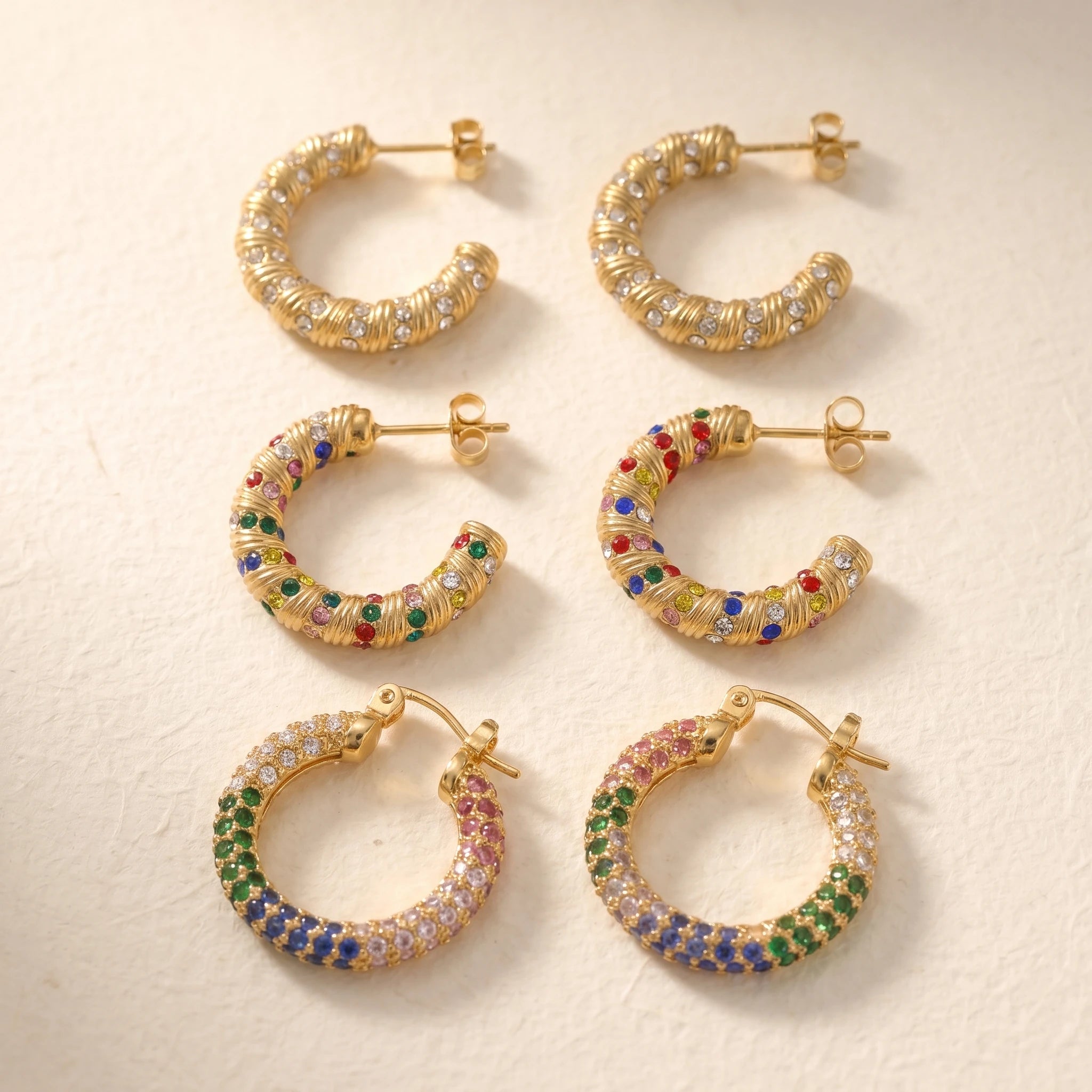 QIAOREN  12221-23 Waterproof Gold Stainless Steel Textured Hoop Earrings Multicolor CZ C Shape Huggies Wholesale