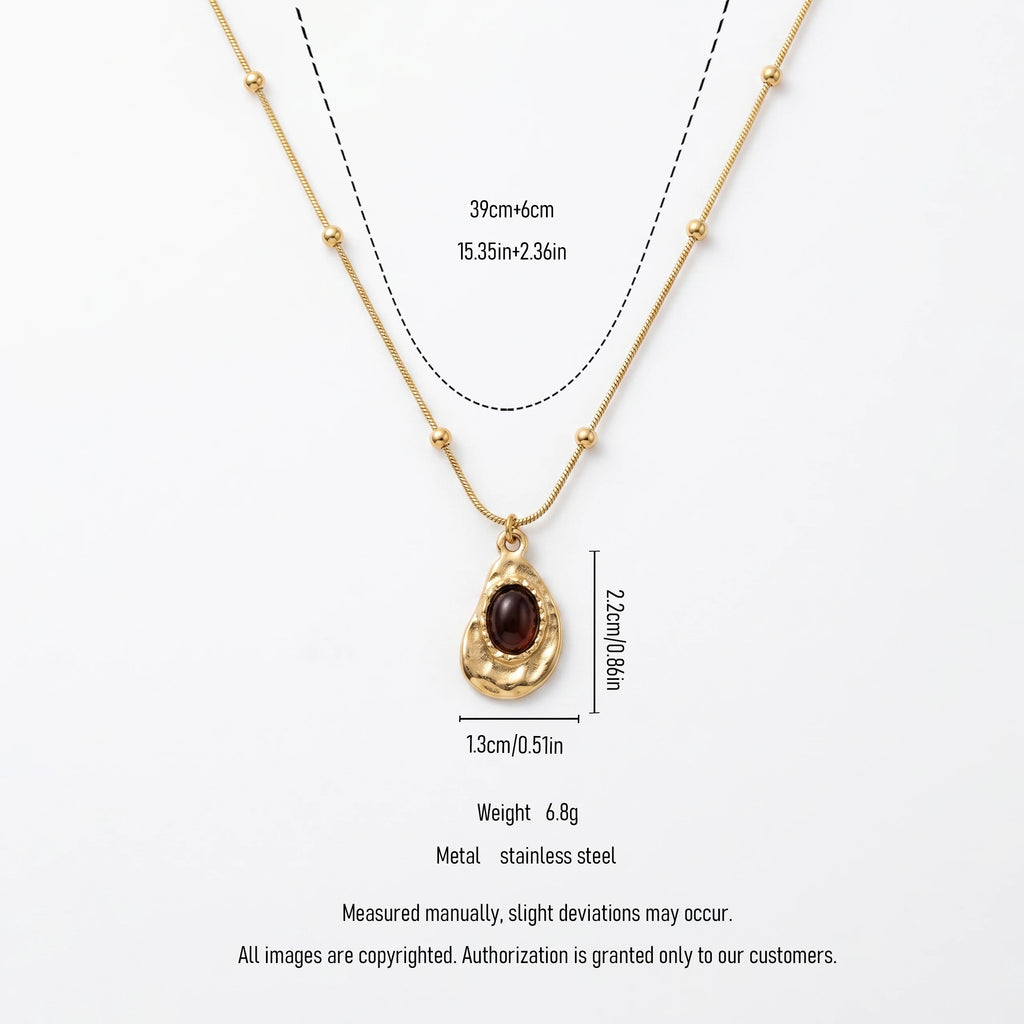 QIAOREN 13551 Stainless Steel Teardrop Pendant Necklace Gold Beaded Chain Black Stone Charm Vintage Jewelry for Women