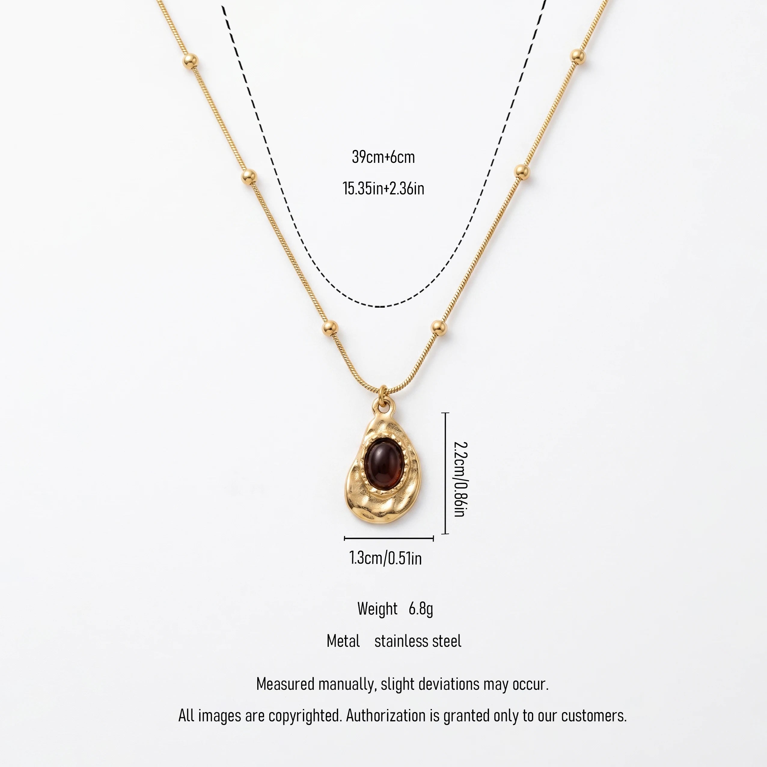 QIAOREN 13551 Stainless Steel Teardrop Pendant Necklace Gold Beaded Chain Black Stone Charm Vintage Jewelry for Women