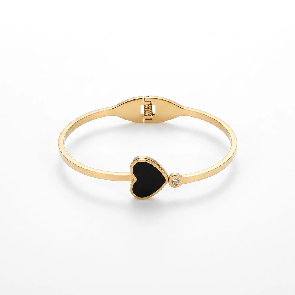 QIAOREN 13655 Opening Thin Bangle with Solid Black Enamel Heart & Tiny Side Zircon Charm Bangle