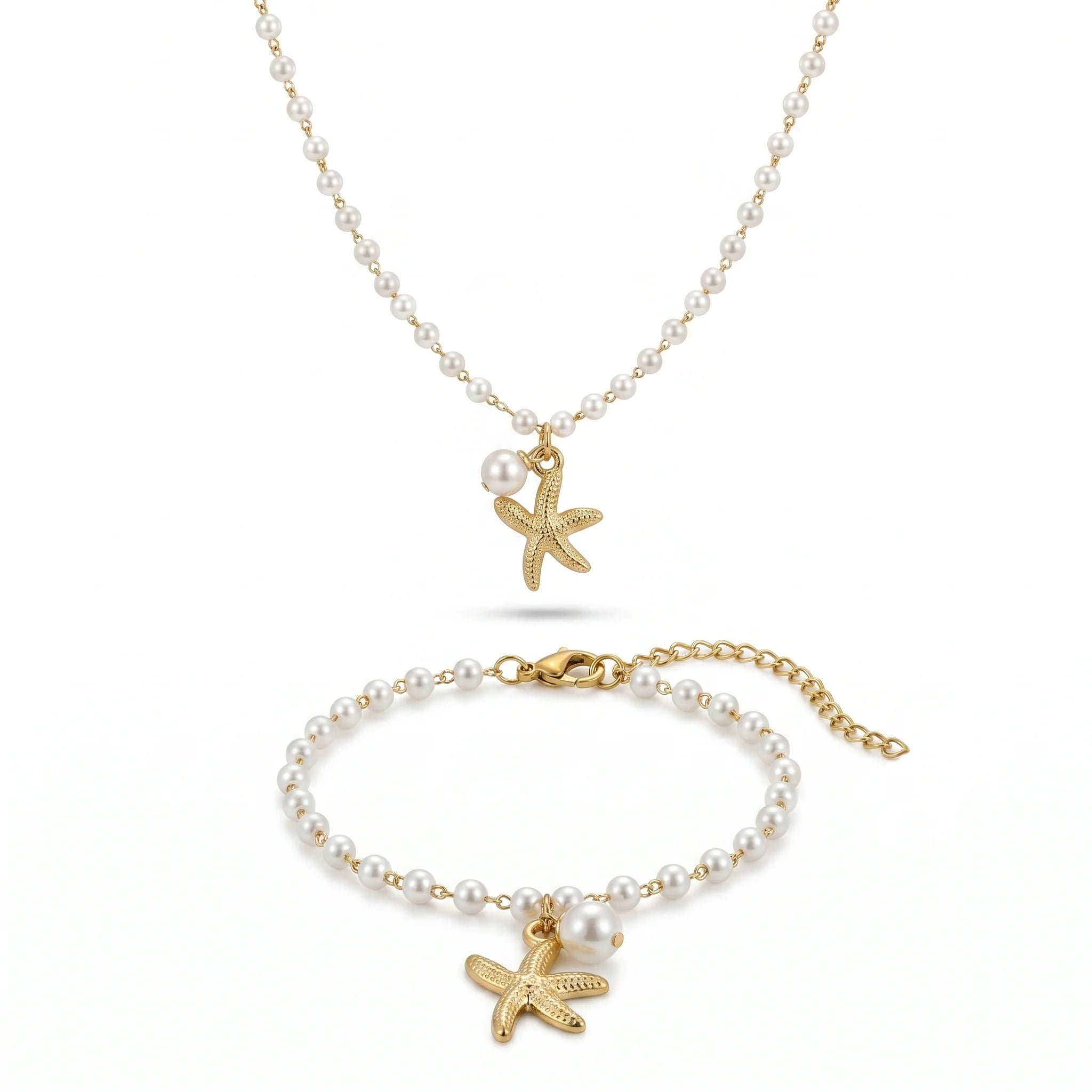 QIAOREN 11492 Waterproof Tarnish Resistant 18K Gold Plated Stainless Steel Pearl Starfish Jewelry Set