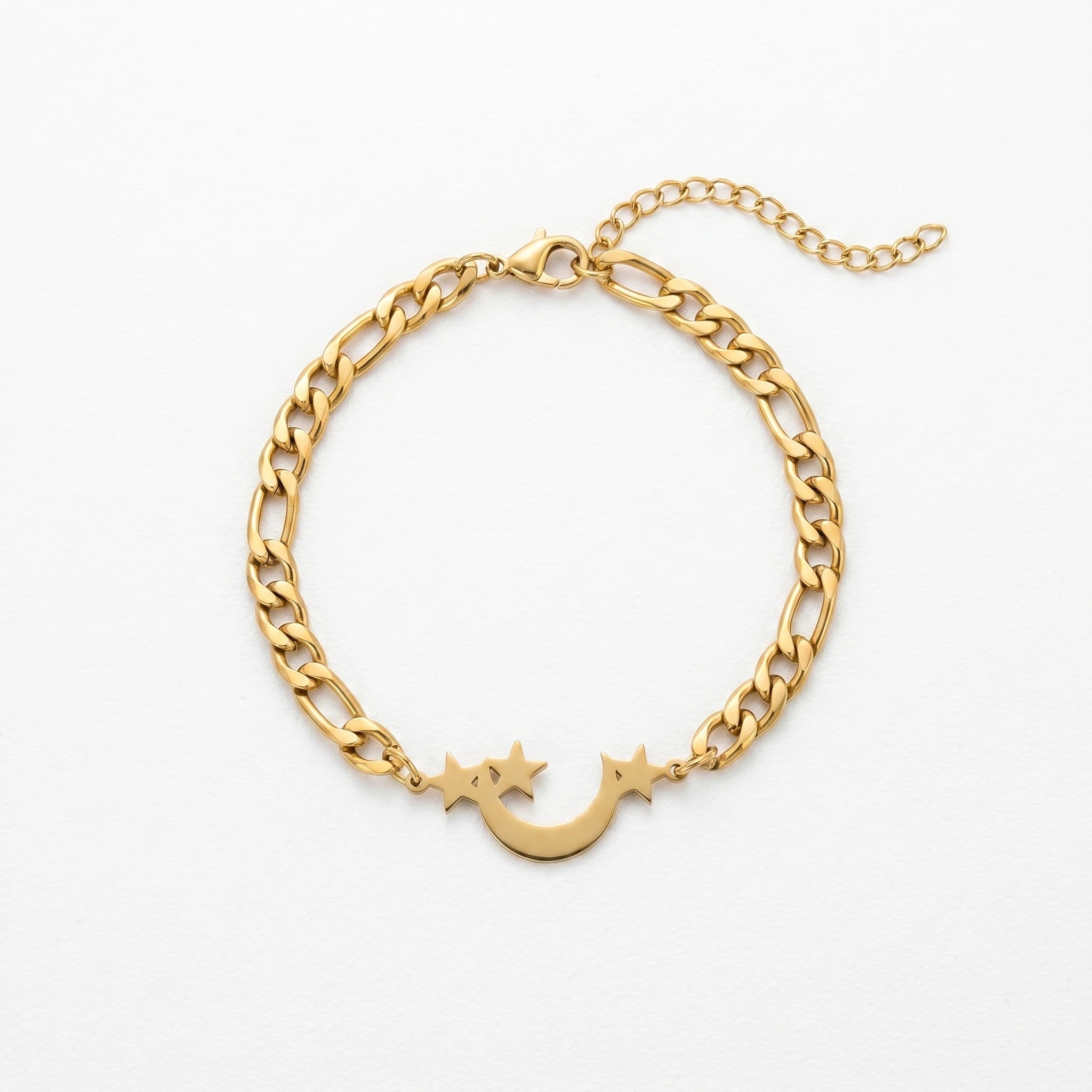 QIAOREN 11734 Tarnish Free 18K Gold Stainless Steel Moon & Star Anklet Cuban Chain Adjustable Foot Chain