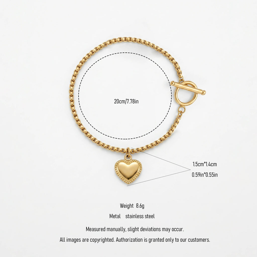 QIAOREN 11759 Dainty Heart Charm Box Chain Bracelet 18K Gold Stainless Steel Everyday Stackable Jewelry