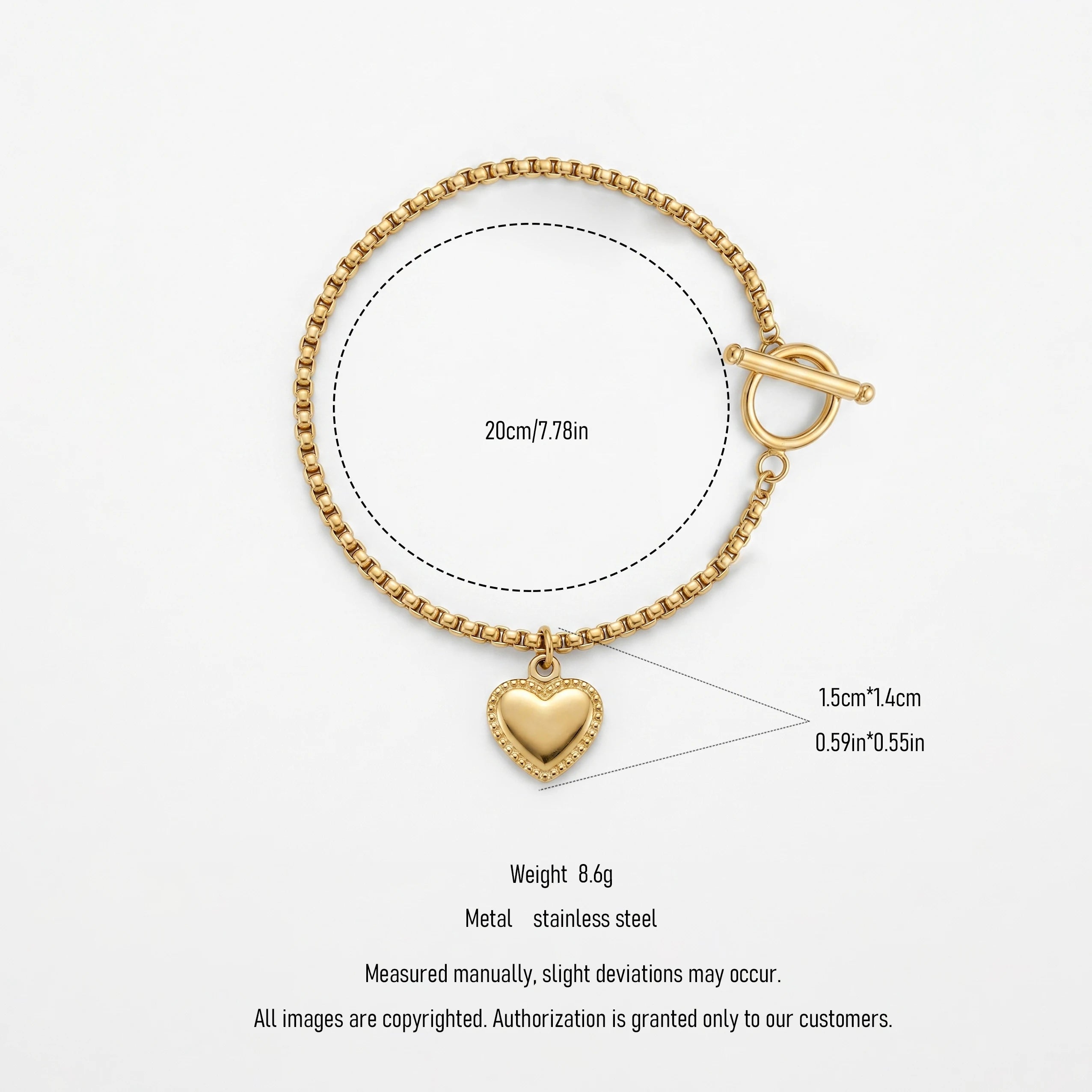QIAOREN 11759 Dainty Heart Charm Box Chain Bracelet 18K Gold Stainless Steel Everyday Stackable Jewelry