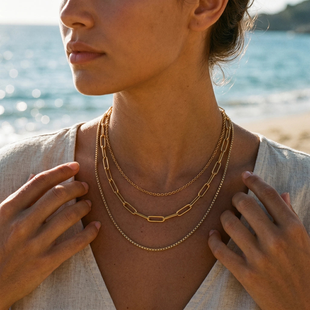 QIAOREN 10590 3 Layered Paperclip Chain Necklace 18K Gold Plated Stainless Steel Waterproof Tarnish Free Trendy Jewelry