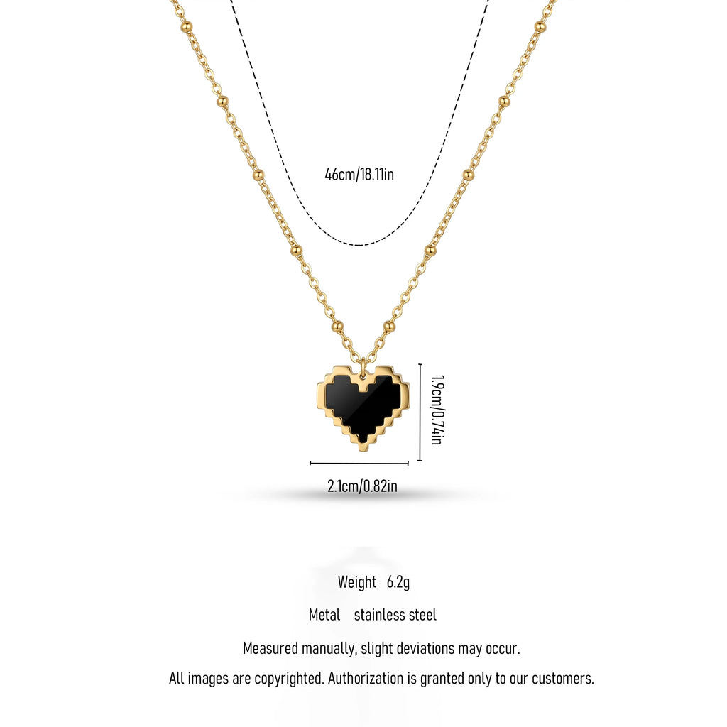 QIAOREN 11986 18K Stainless Steel Pixel Heart Pendant Necklace Black Enamel Inlay Beaded Cable Chain Retro Game Style Jewelry