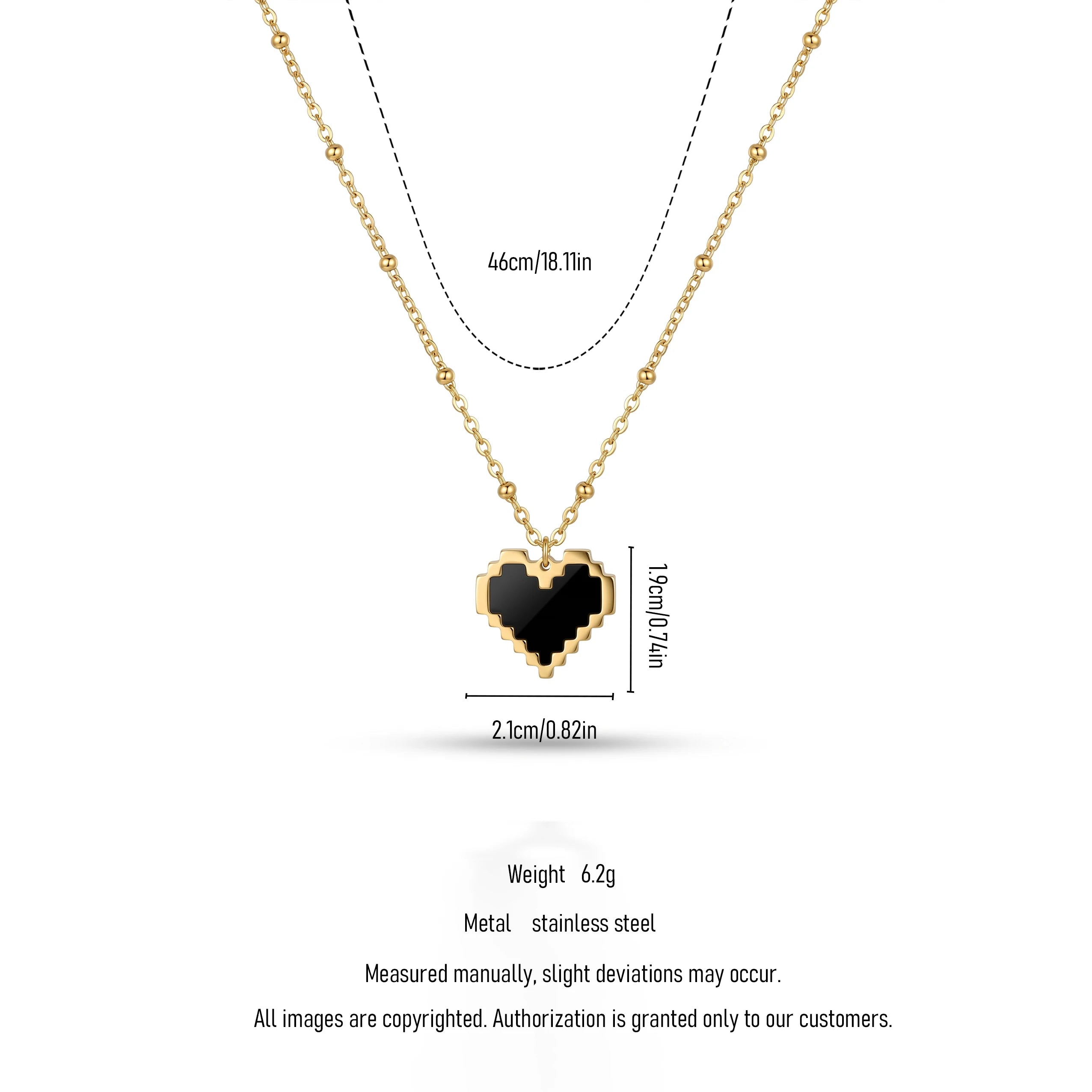 QIAOREN 11986 18K Stainless Steel Pixel Heart Pendant Necklace Black Enamel Inlay Beaded Cable Chain Retro Game Style Jewelry