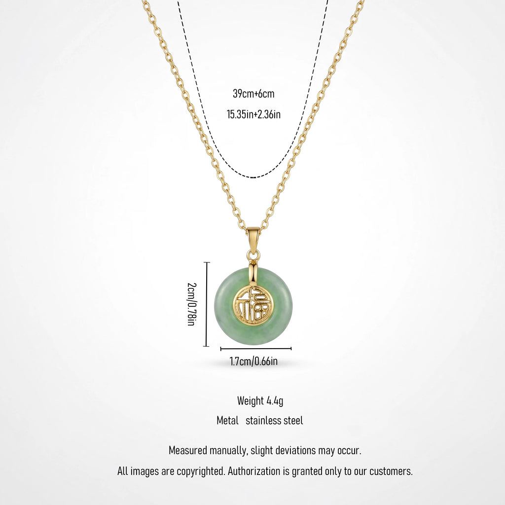 QIAOREN 13758-59  Thin Oval Link Chain Pendant Necklace with Green Jade Peace Donut Charm Inlaid Hollow Chinese Fu