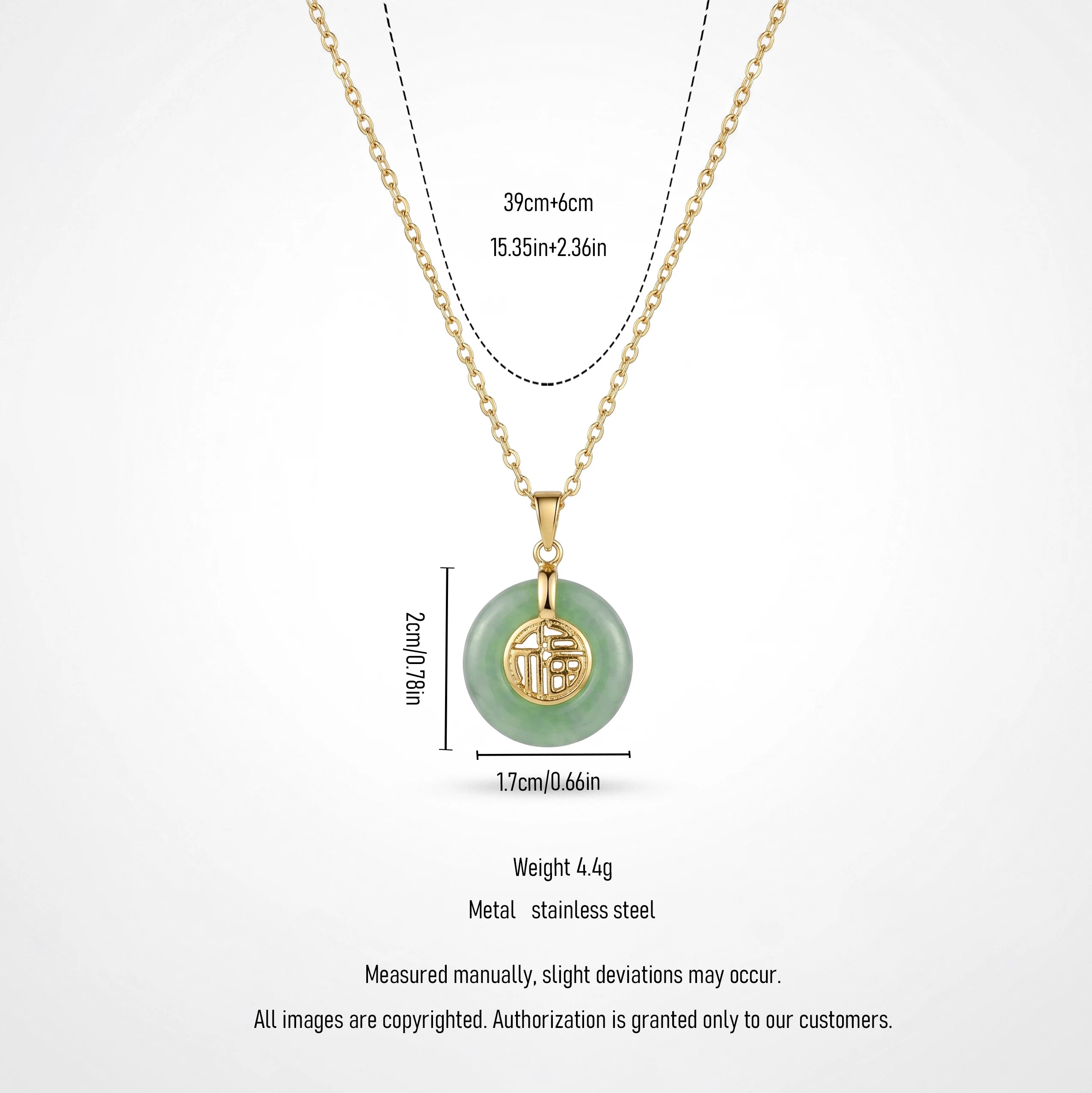 QIAOREN 13758-59  Thin Oval Link Chain Pendant Necklace with Green Jade Peace Donut Charm Inlaid Hollow Chinese Fu