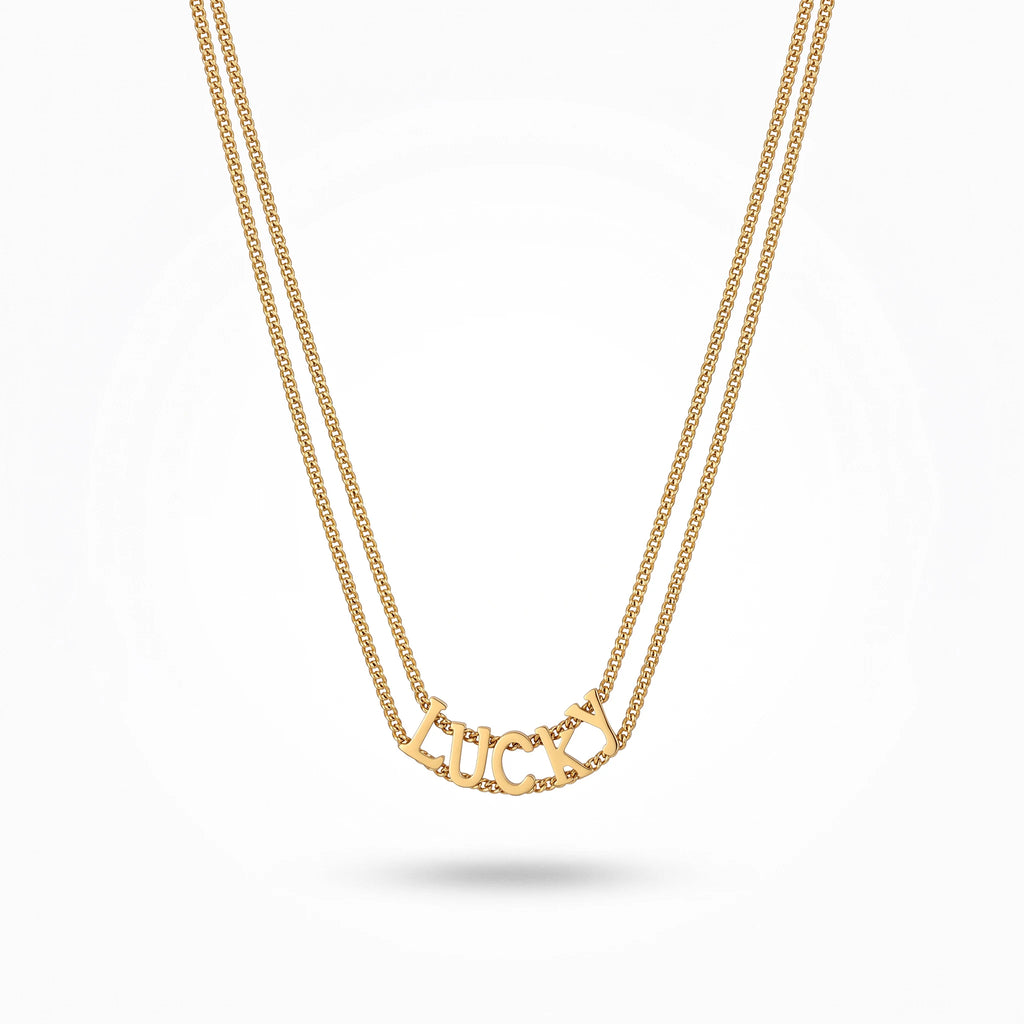 QIAOREN 13808 Double Layer Thin Curb Chain Pendant Necklace with Curved Cutout LUCKY Letter Charm, Polished Gloss Gold