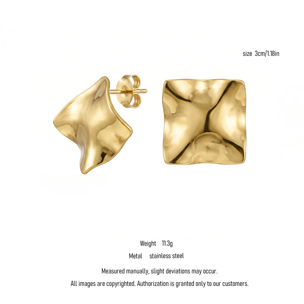 QIAOREN 10947 Minimalist Textured Square Studs, High Polished Stainless Steel Contemporary Fashion Jewelry
