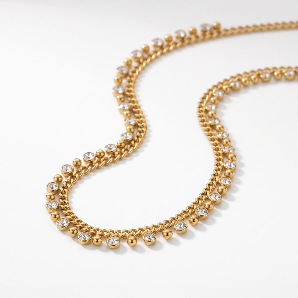 QIAOREN 13501 Chunky Cuban Chain Choker Necklace with Dangle Round Ball & Bezel Crystal Charms, Dainty Gold Station Necklace