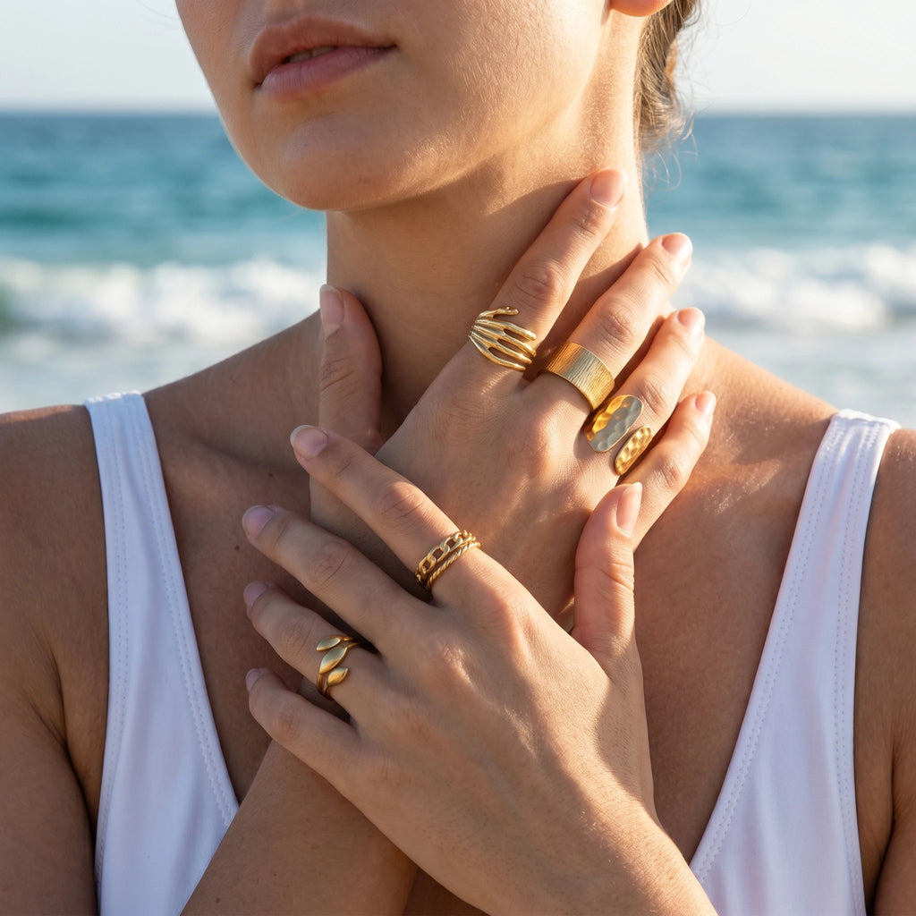 QIAOREN 10712 5Pcs 18K Gold Plated Stainless Steel Adjustable Ring Watch Set Tarnish Resistant Hammered Stackable Quartz Women