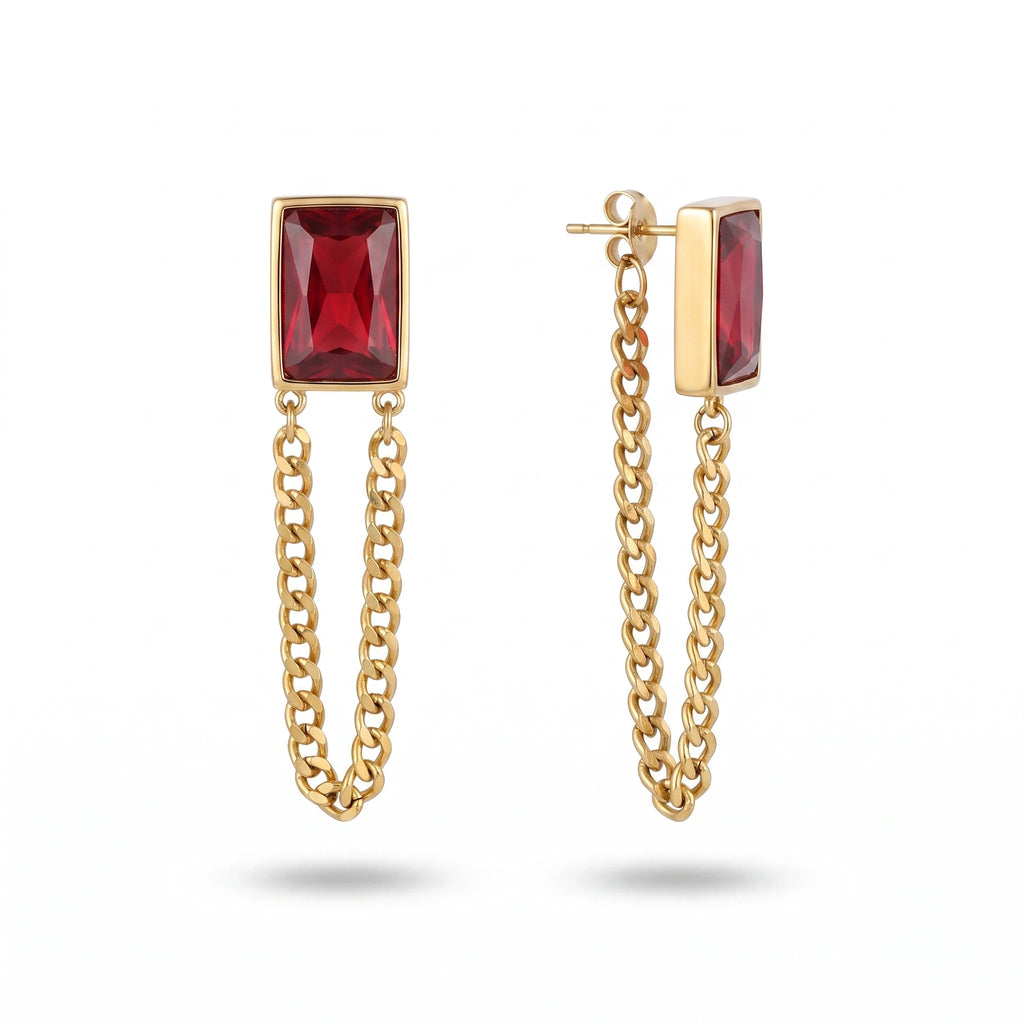 QIAOREN 13447-54 Gold Tone Rectangle Multiple Colors Crystal Double Chain Drop Stud Earrings Retro Punk Tassel Dangle Earring