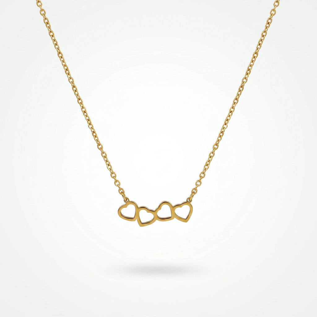 QIAOREN 11940 Trendy Four Linked Heart Necklace Stainless Steel 18K Gold Plated Dainty Interlocking Love Jewelry for Women US EU