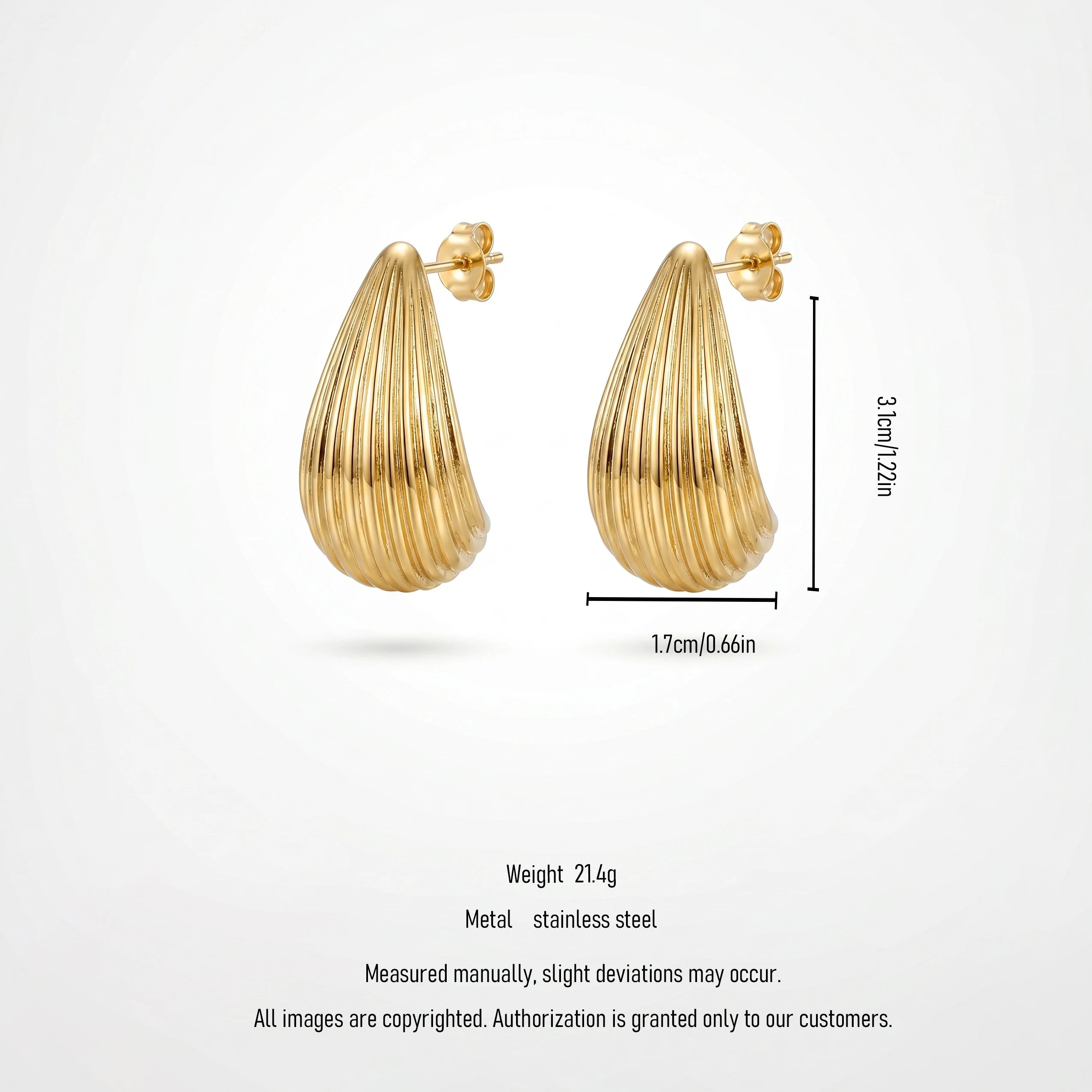 QIAOREN 12281 Trendy Ribbed Teardrop Earrings Gold Stainless Steel Scallop Shell Vertical Ridged Half Hoop Jewelry Women US EU