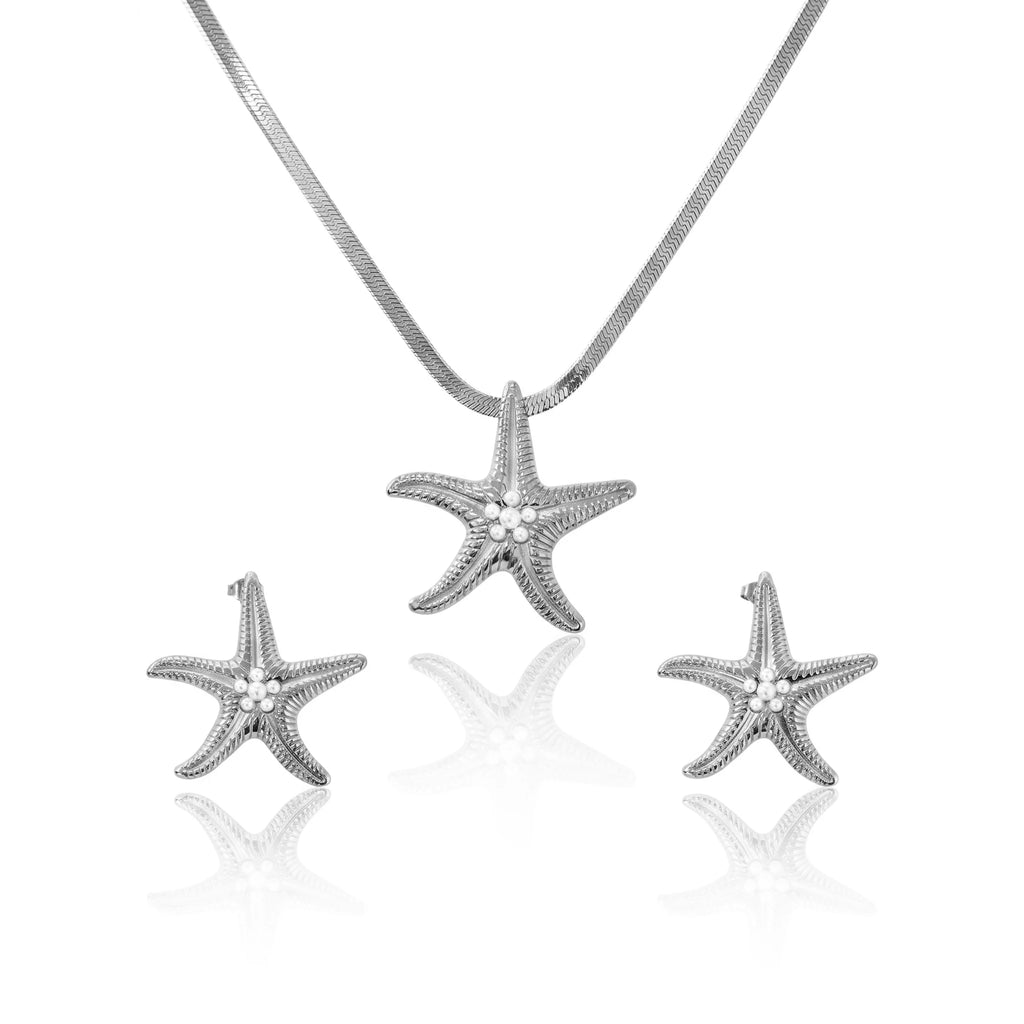 QIAOREN 11630 Boho Beach Starfish Jewelry Set 18K Gold Stainless Steel Pearl Snake Chain Necklace Earrings Vacation