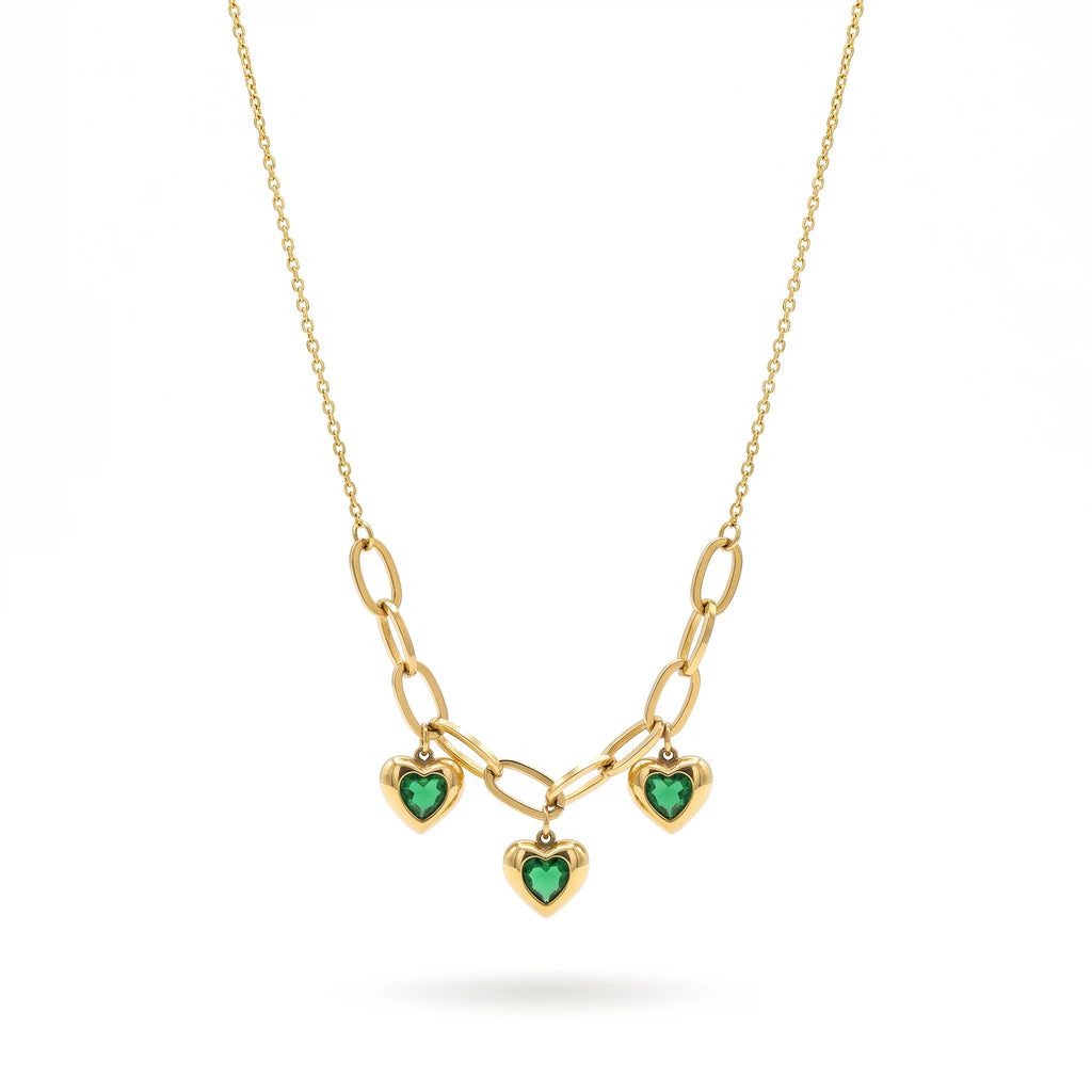 QIAOREN 13950-51 Stainless Steel Green Heart Charm Necklace Gold Paperclip Chain Waterproof Layered Jewelry for Women