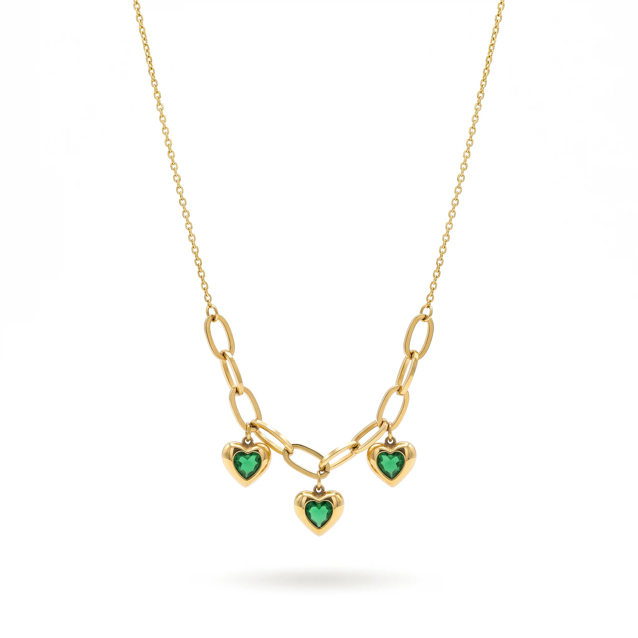 QIAOREN 13950-51 Stainless Steel Green Heart Charm Necklace Gold Paperclip Chain Waterproof Layered Jewelry for Women