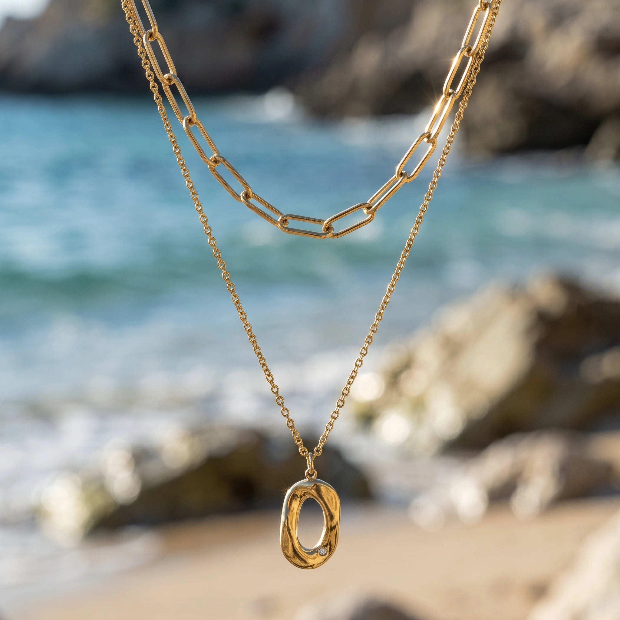 QIAOREN 13988 Double Layer Stacked Necklace with Paperclip Top Chain & Irregular Hollow Oval Pendant Inlaid Tiny CZ