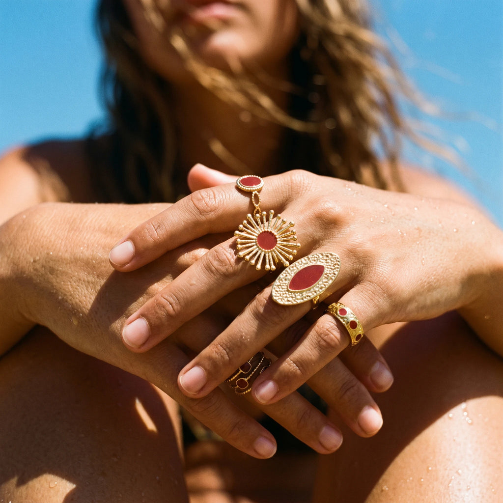 QIAOREN 14202-06 Burgundy Enamel Sunburst Open Ring Set, Vintage Carved Oval Adjustable Stackable Ring Jewelry Gift