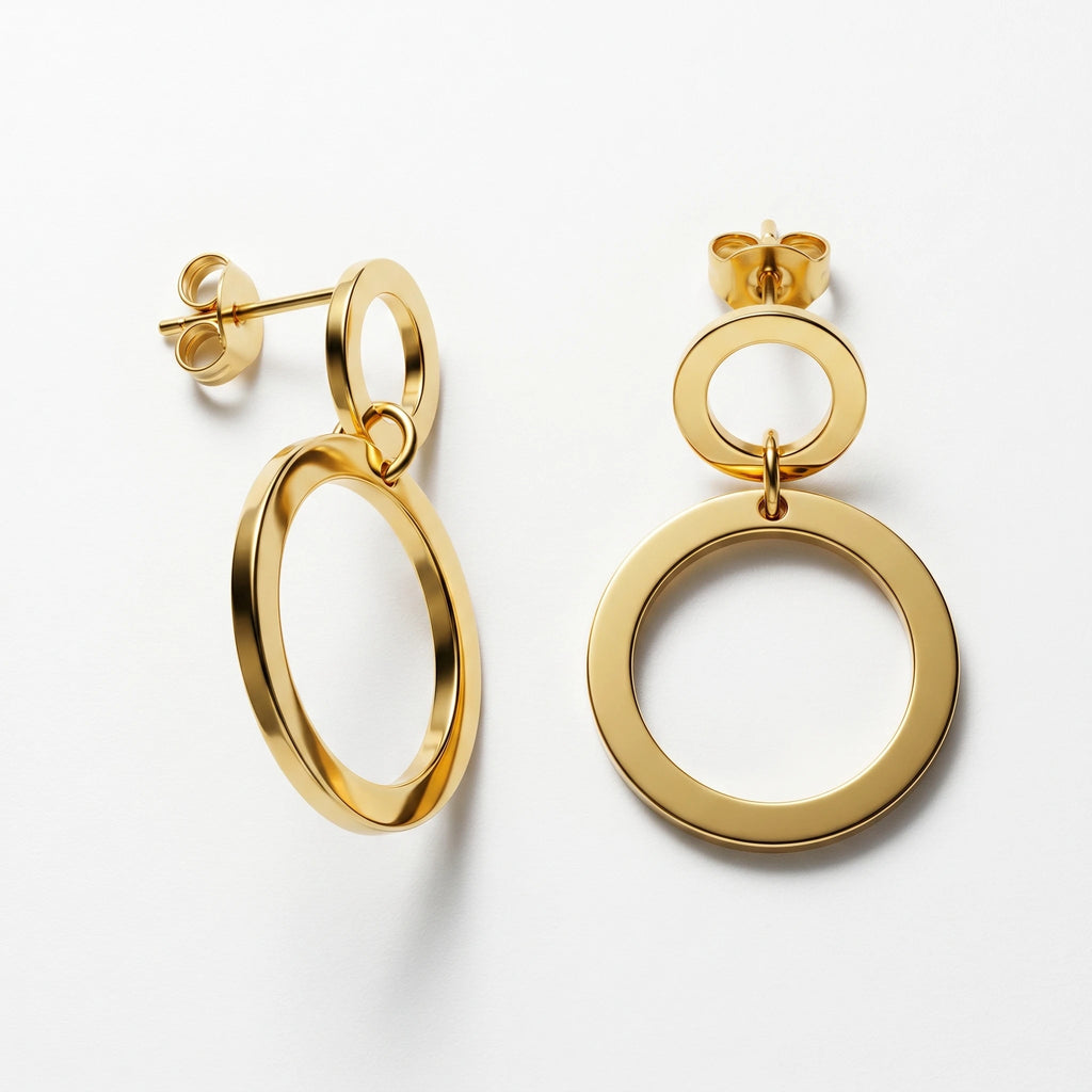QIAOREN 11192 Chic Double Circle Stud Earrings Waterproof Stainless Steel Gold Earrings European Style Jewelry
