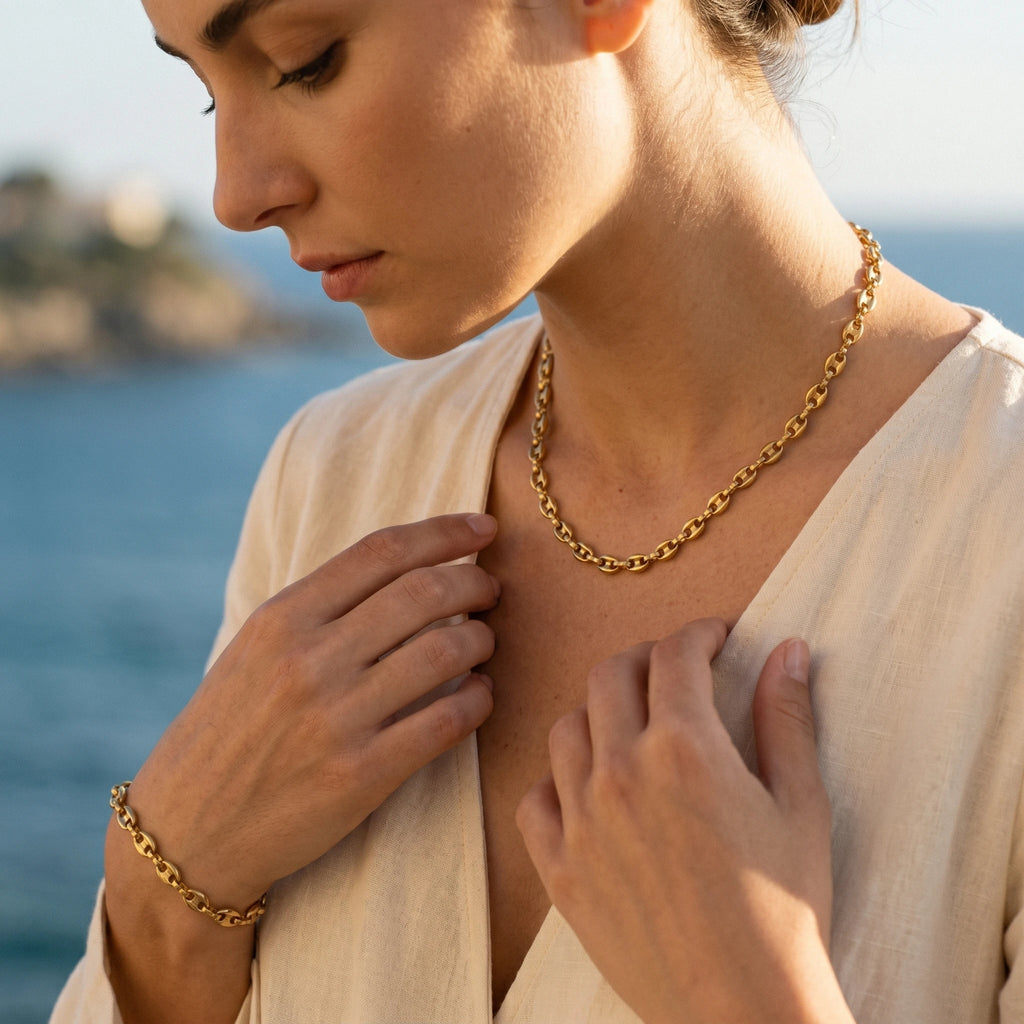 QIAOREN 10612 Mariner Chain Jewelry Set 18K Gold Plated Stainless Steel Waterproof Tarnish Free Necklace & Bracelet for Women