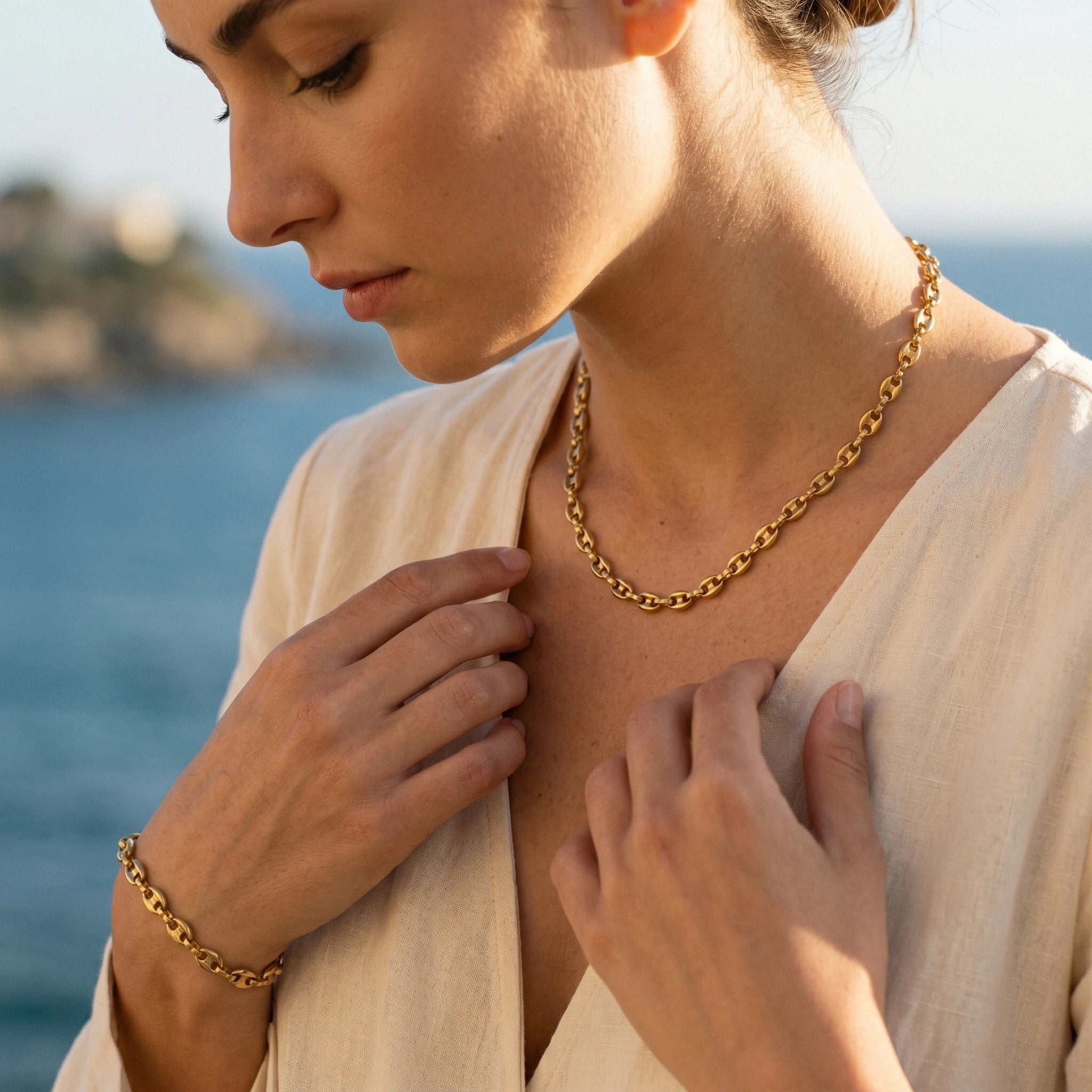QIAOREN 10612 Mariner Chain Jewelry Set 18K Gold Plated Stainless Steel Waterproof Tarnish Free Necklace & Bracelet for Women