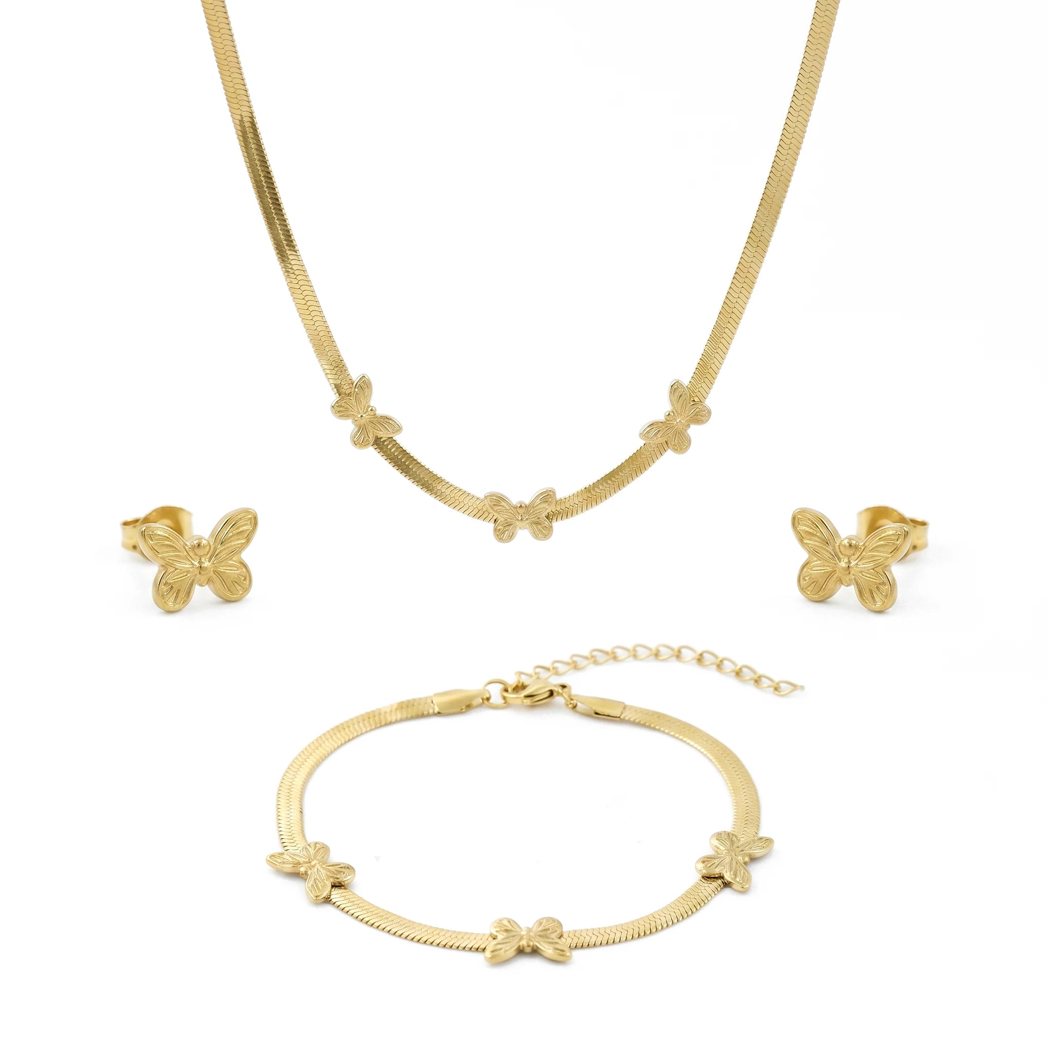 QIAOREN 11690 Tarnish Free 18K Gold Stainless Steel Butterfly Herringbone Jewelry Set Necklace Bracelet Earrings