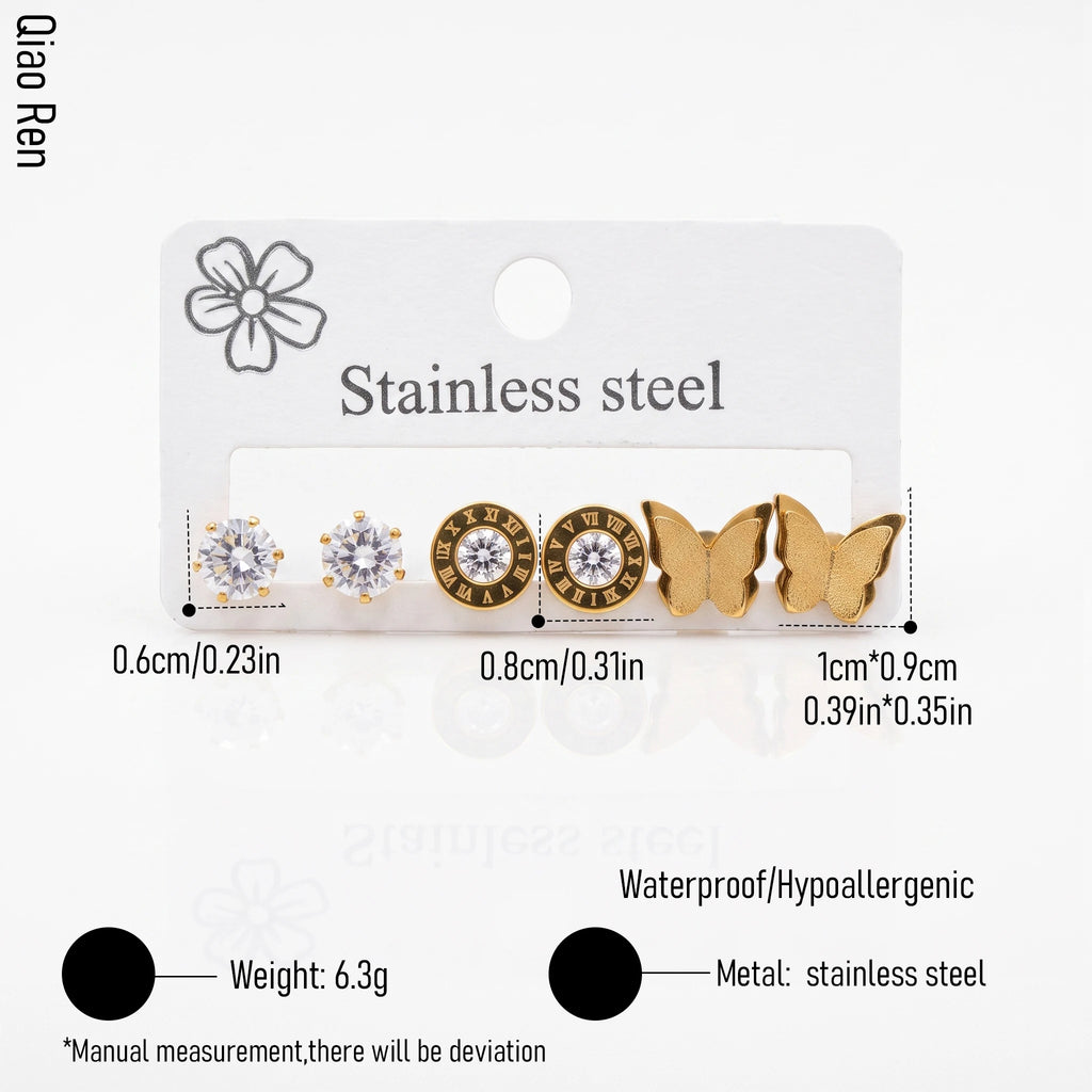 QIAOREN 14465 3 Pair  Gold Stainless Steel Stud Earrings Set, Round Prong CZ, Roman Numeral Disc & Textured Butterfly Studs