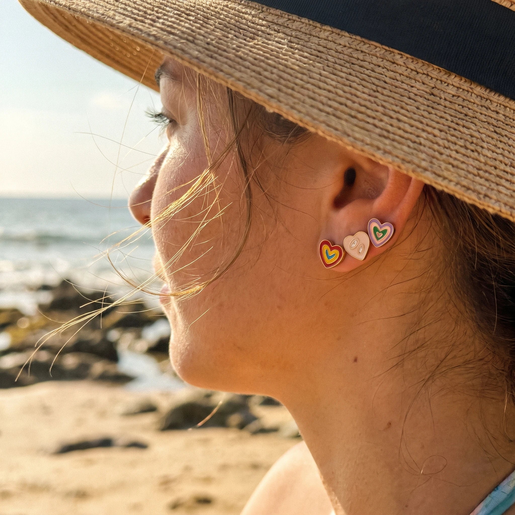QIAOREN 14514 Waterproof Stainless Steel Heart Stud Earrings Colorful Enamel Heart Earrings Hypoallergenic Jewelry for Women