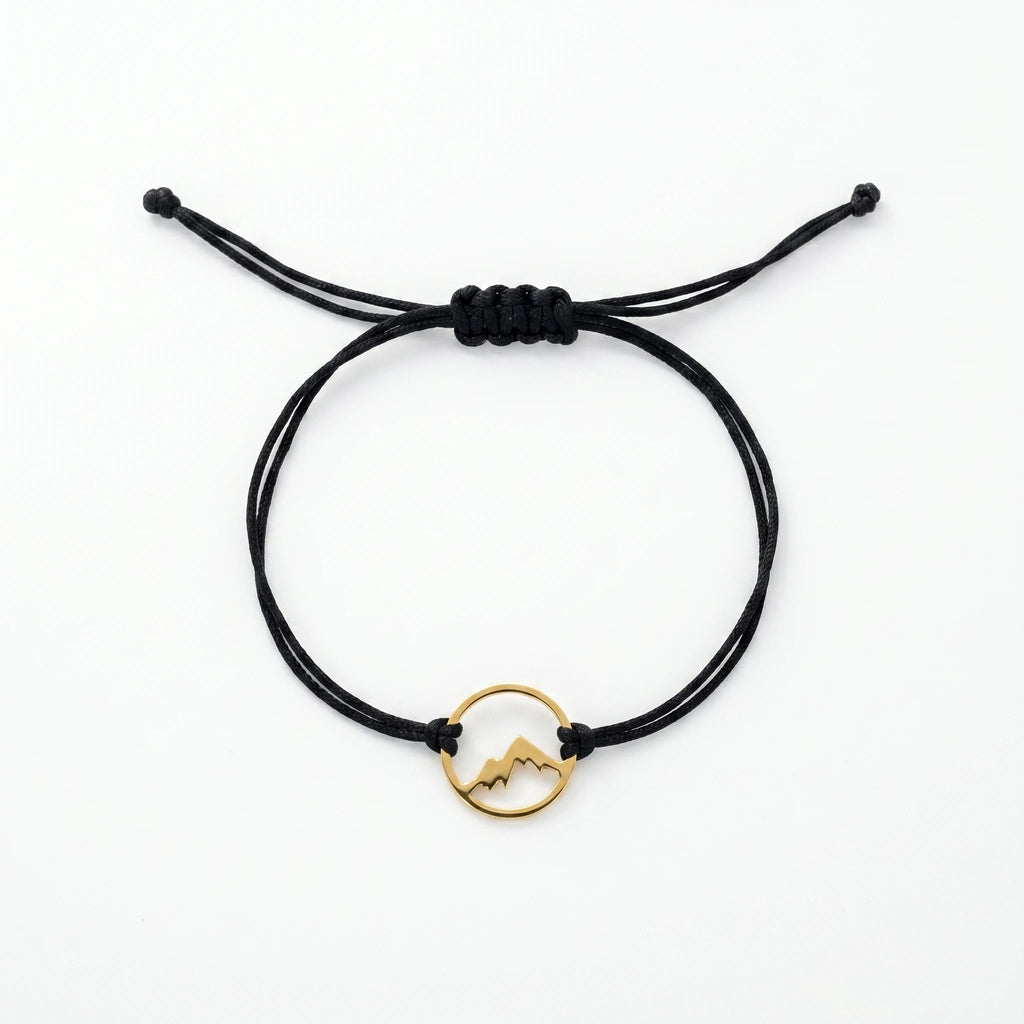 QIAOREN 12769 Stainless Steel Gold Mountain Circle Pearl Charm Women's Black Adjustable Rope Cord Minimal Outdoor Wrist Jewelry