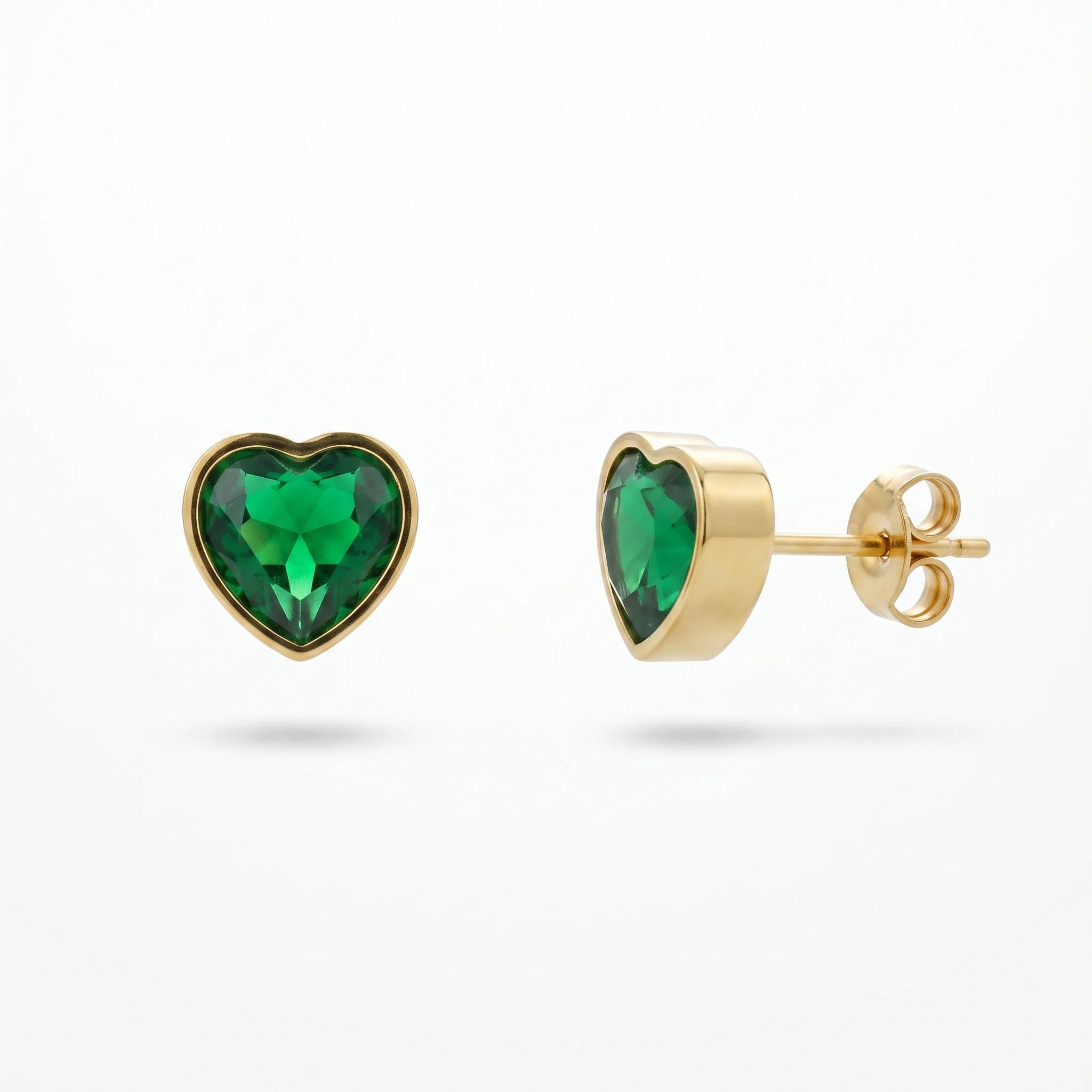 QIAOREN 13816 Solid Bezel Set Heart Stud Earrings with Emerald Green Heart Cut CZ Stone, Polished Gold Stainless Steel Earring