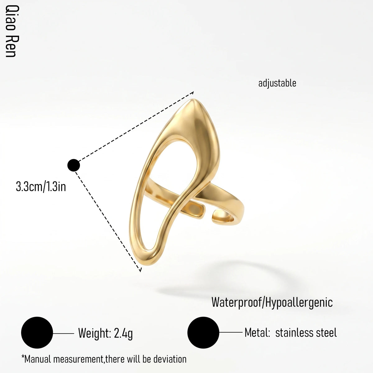 QIAOREN 14284-93 Abstract Irregular Wavy Open Cuff Ring Set, Adjustable Stackable Statement Rings, Stainless Steel Jewelry Gift