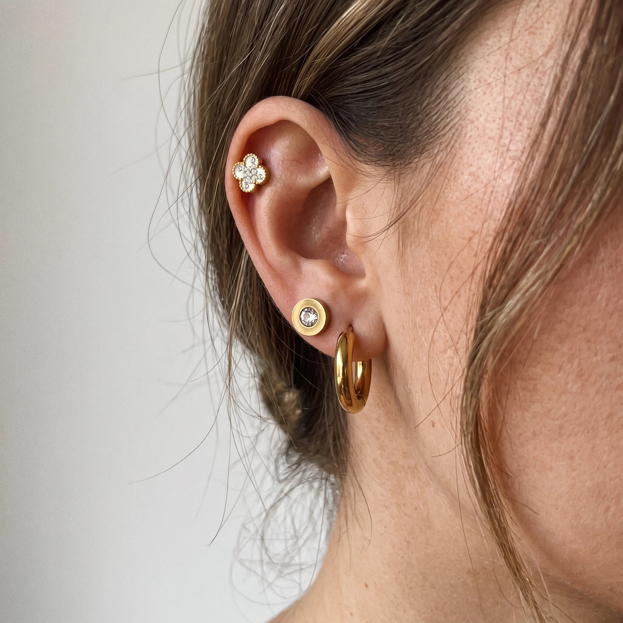 QIAOREN 14464 3 Pair Gold Stainless Steel Earrings Set, Round CZ Studs, Paved Clover Studs & Smooth Chunky for Daily Fashion