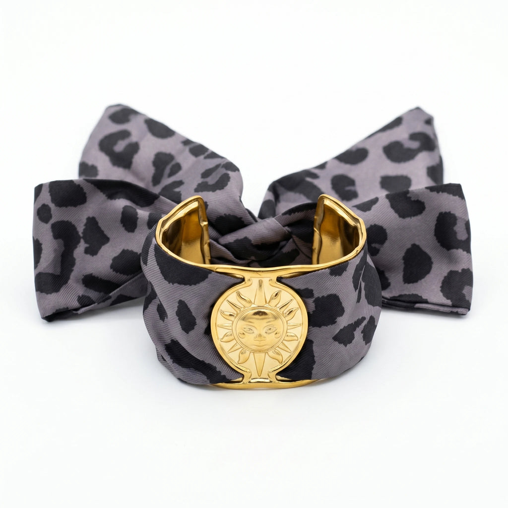 QIAOREN 10991 Boho Leopard Print Scarf Cuff Bracelet Stainless Steel Sun Charm Adjustable Wide Bangle for Women