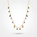 QIAOREN 13500 Rainbow Multi Shape Crystal Drop Station Necklace with Random Mixed Color Bead Charms Dangle Thin Chain Necklace