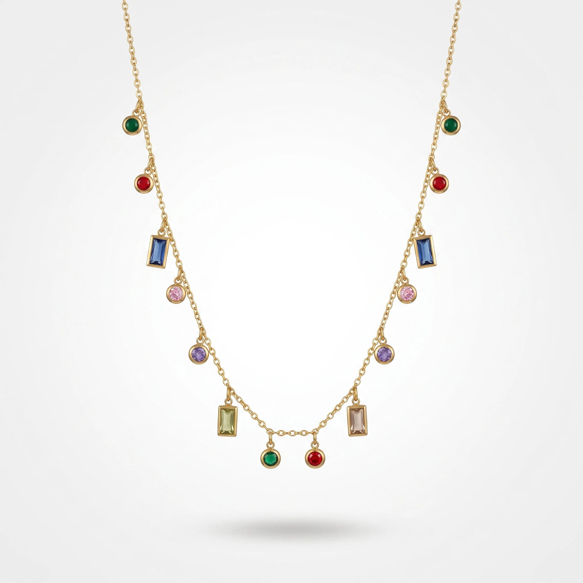 QIAOREN 13500 Rainbow Multi Shape Crystal Drop Station Necklace with Random Mixed Color Bead Charms Dangle Thin Chain Necklace