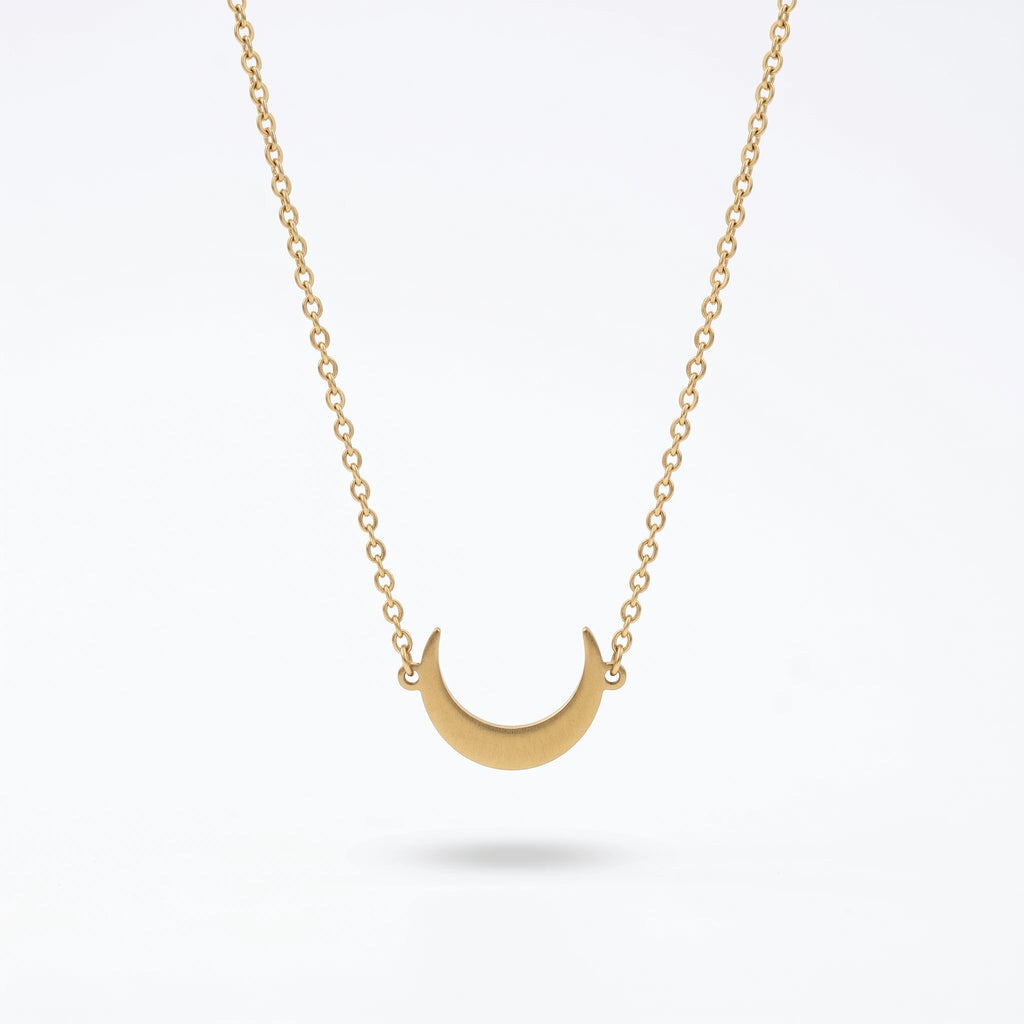QIAOREN 11837 18K Gold Plated Stainless Steel Anti-Tarnish Hypoallergenic Matte Finish Crescent Moon Horizontal O Chain Necklace