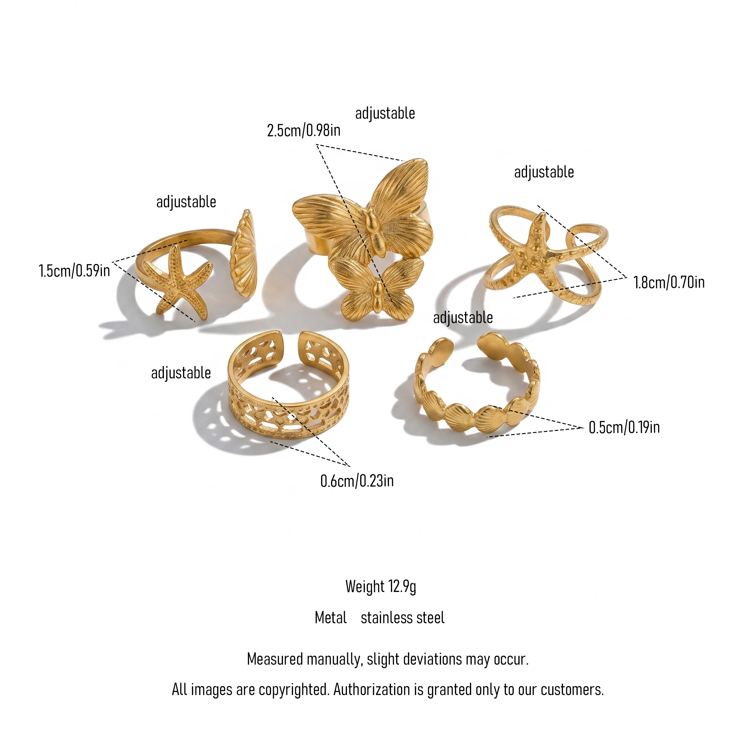QIAOREN 13116-20 5Pcs 18K Gold Plated Stainless Steel Open Ring Set, Adjustable Stackable Durable Finger Rings