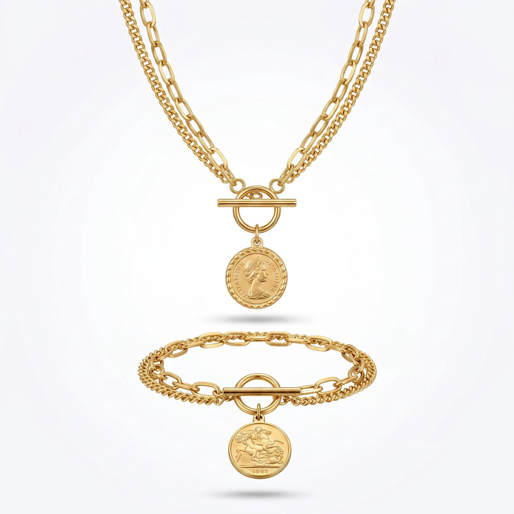 QIAOREN 10814 18K Gold Plated Stainless Steel Bezel Setting Vintage Coin Pendant Necklace Bracelet Set Dainty Toggle Jewelry