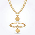 QIAOREN 10814 18K Gold Plated Stainless Steel Bezel Setting Vintage Coin Pendant Necklace Bracelet Set Dainty Toggle Jewelry