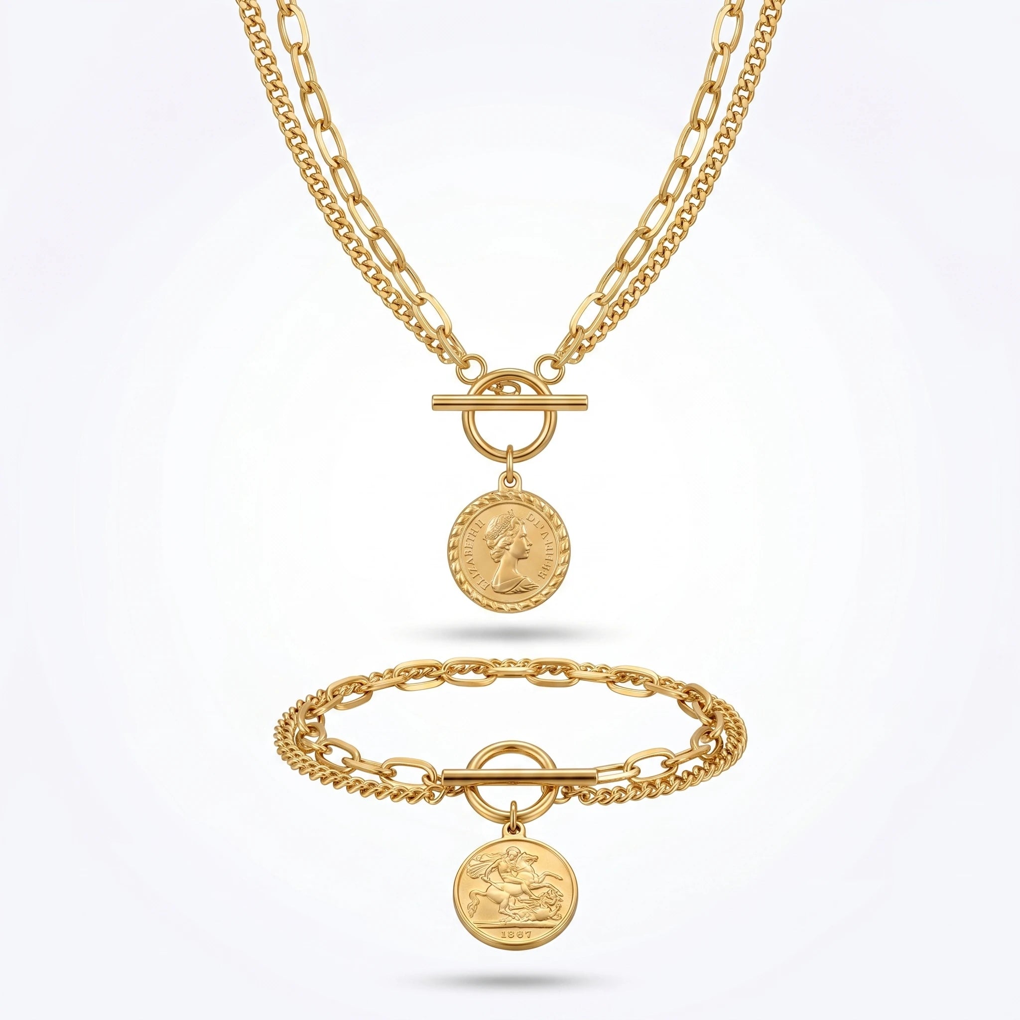 QIAOREN 10814 18K Gold Plated Stainless Steel Bezel Setting Vintage Coin Pendant Necklace Bracelet Set Dainty Toggle Jewelry