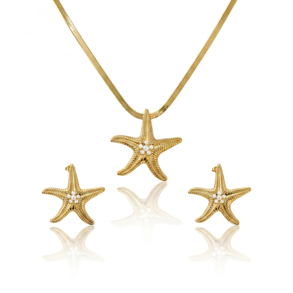 QIAOREN 11630 Boho Beach Starfish Jewelry Set 18K Gold Stainless Steel Pearl Snake Chain Necklace Earrings Vacation