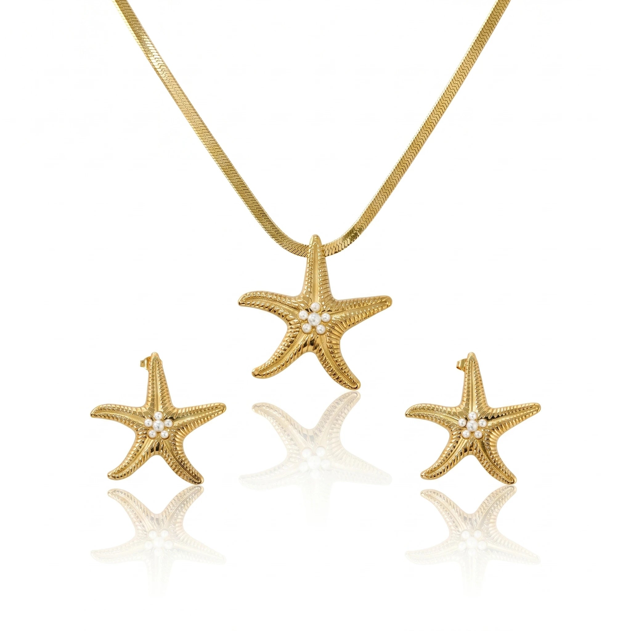 QIAOREN 11630 Boho Beach Starfish Jewelry Set 18K Gold Stainless Steel Pearl Snake Chain Necklace Earrings Vacation