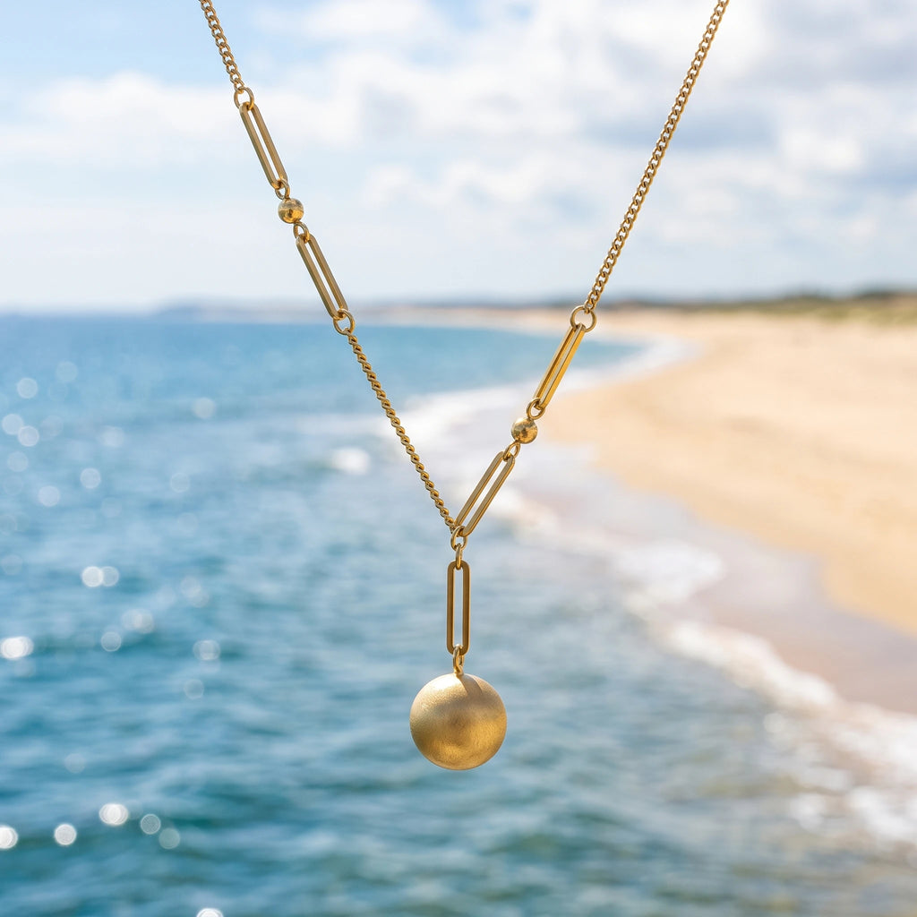QIAOREN 13986 Mixed Link Chain Pendant Necklace with Matte Frosted Round Ball Charm, Polished Gold