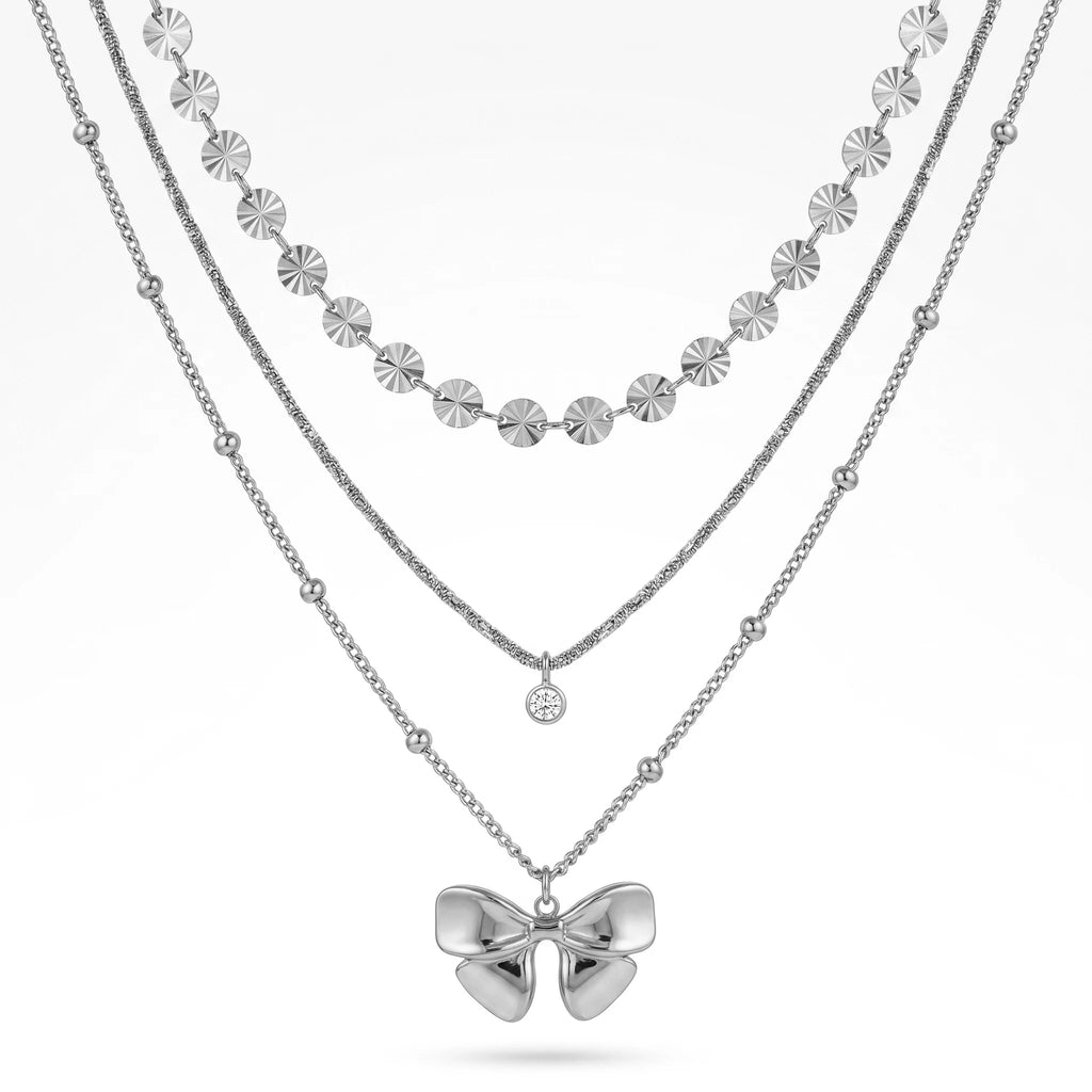 QIAOREN 12139 Ins Dainty Three Layer Stainless Steel Choker Gold Bow Charm Round Zircon & Textured Disc Chain Ladies Accessory