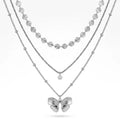 QIAOREN 12139 Ins Dainty Three Layer Stainless Steel Choker Gold Bow Charm Round Zircon & Textured Disc Chain Ladies Accessory