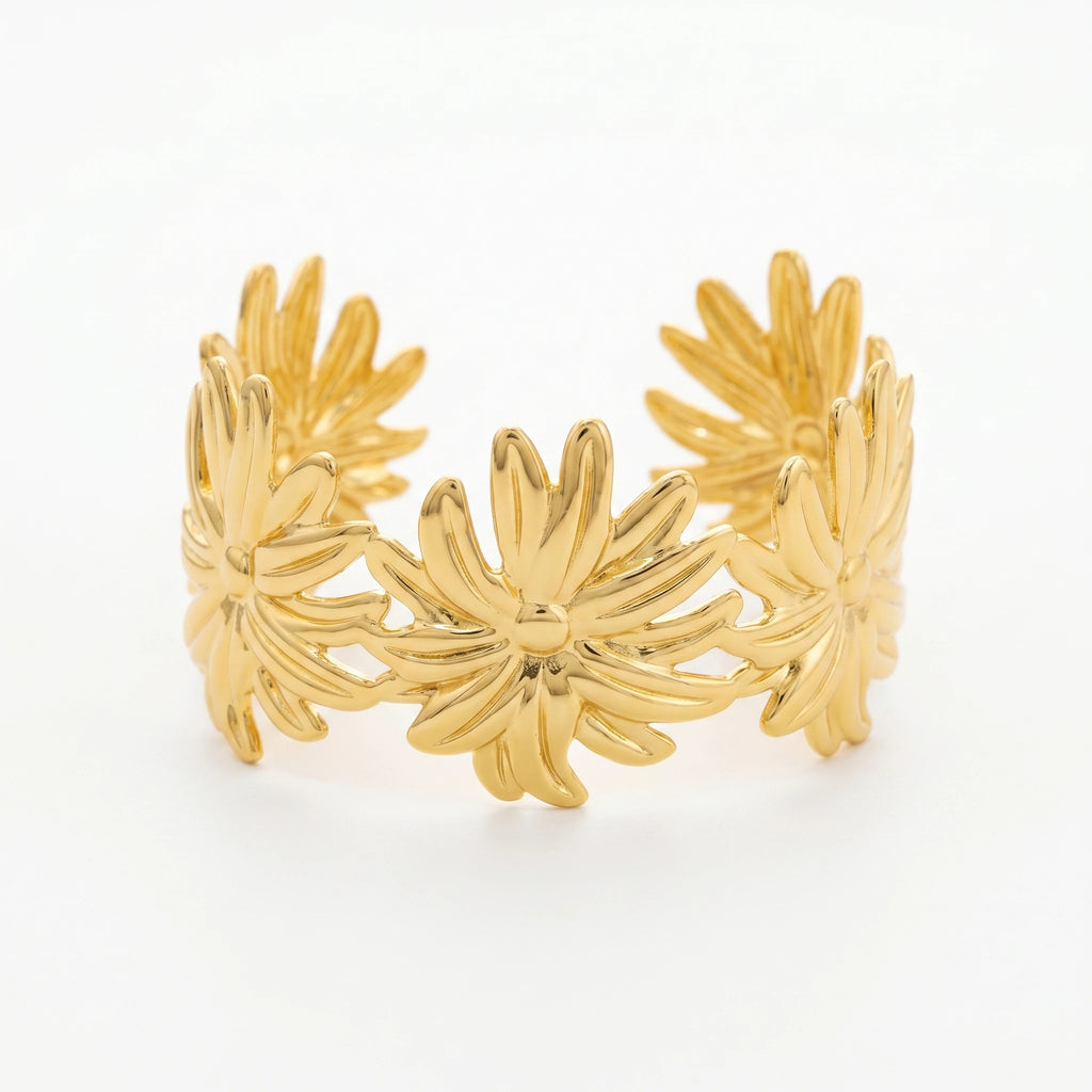 QIAOREN 12715  18K Gold Polished Linked 3D  Open Cuff Bracelet Stainless Steel  Petal Adjustable Stackable Floral Wrist Jewelry