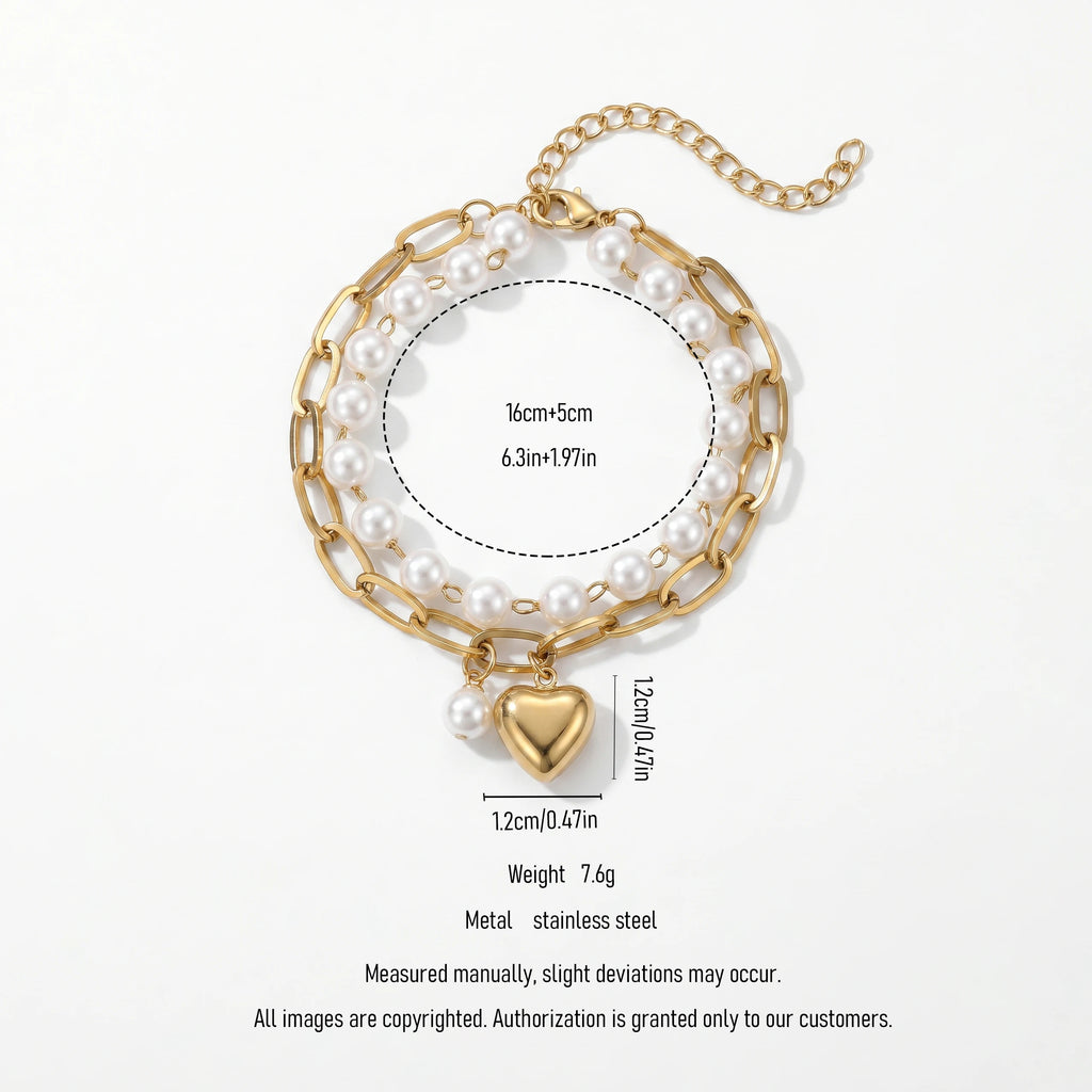QIAOREN 11422 Waterproof 18K Gold Plated Pearl & Heart Bracelet Stainless Steel Summer Pool Beach Jewelry